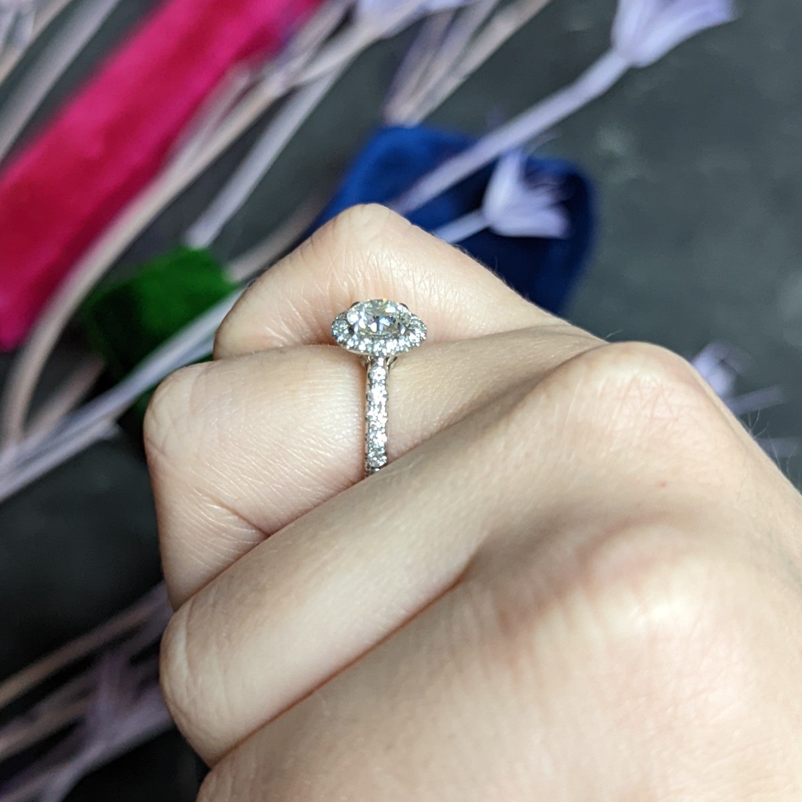Cartier Destinee 1.55 CTW Diamond Platinum Halo Engagement Ring GIA Wilson's Estate Jewelry