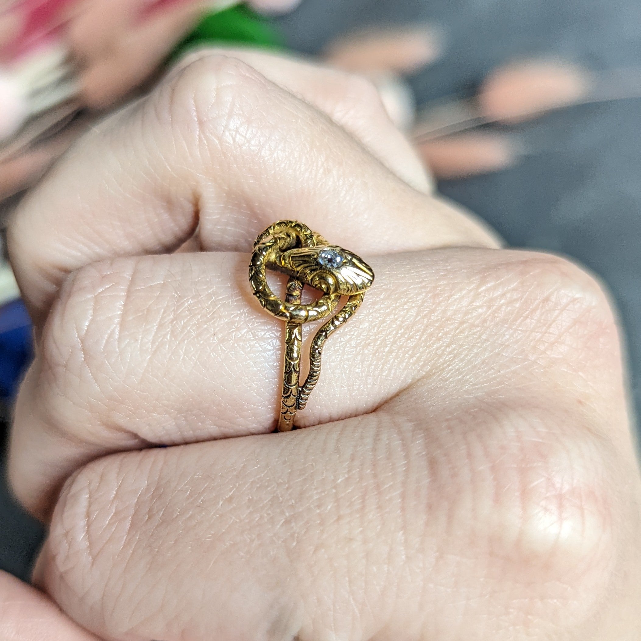 Victorian Diamond 14 Karat Yellow Gold Snake Love Knot Ring Wilson's Estate Jewelry