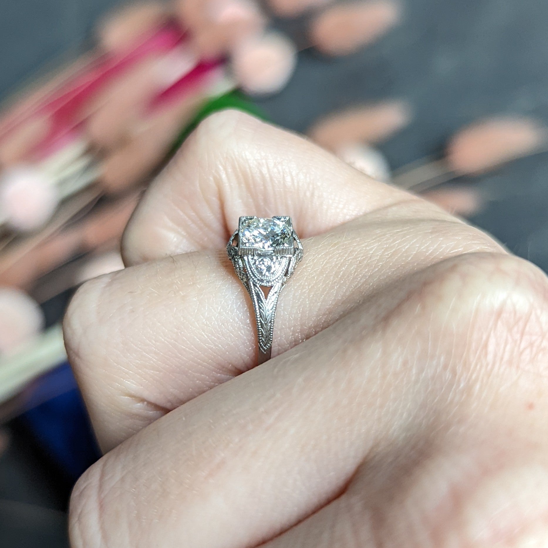 1950's Mid-Century 0.86 CTW Diamond Platinum Engagement Ring Wilson's Estate Jewelry