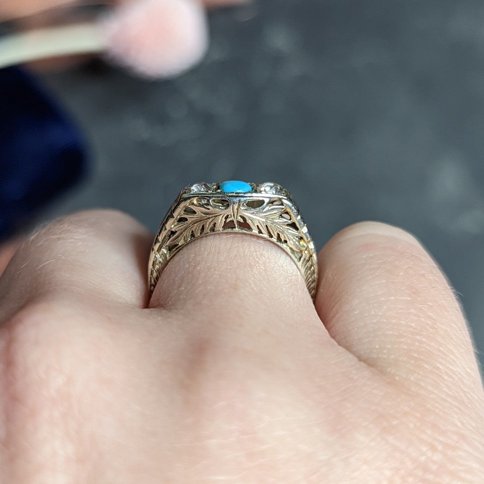 Art Deco Diamond Turquoise 14 Karat White Gold Three Stone Ring Wilson's Estate Jewelry
