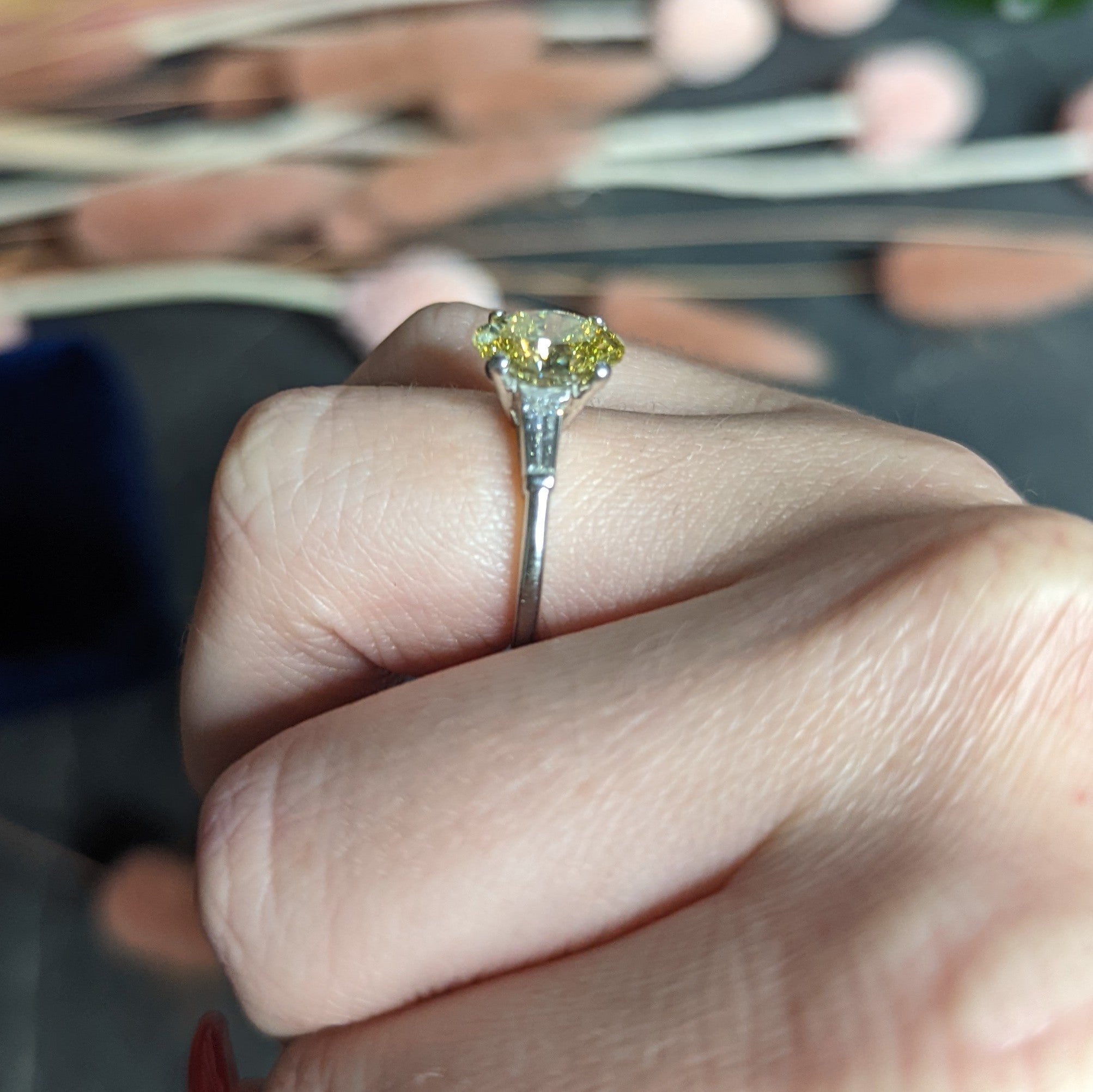 Vintage 2.53 CTW Fancy Intense Yellow Diamond & Diamond Platinum Engagement Ring GIA Wilson's Estate Jewelry