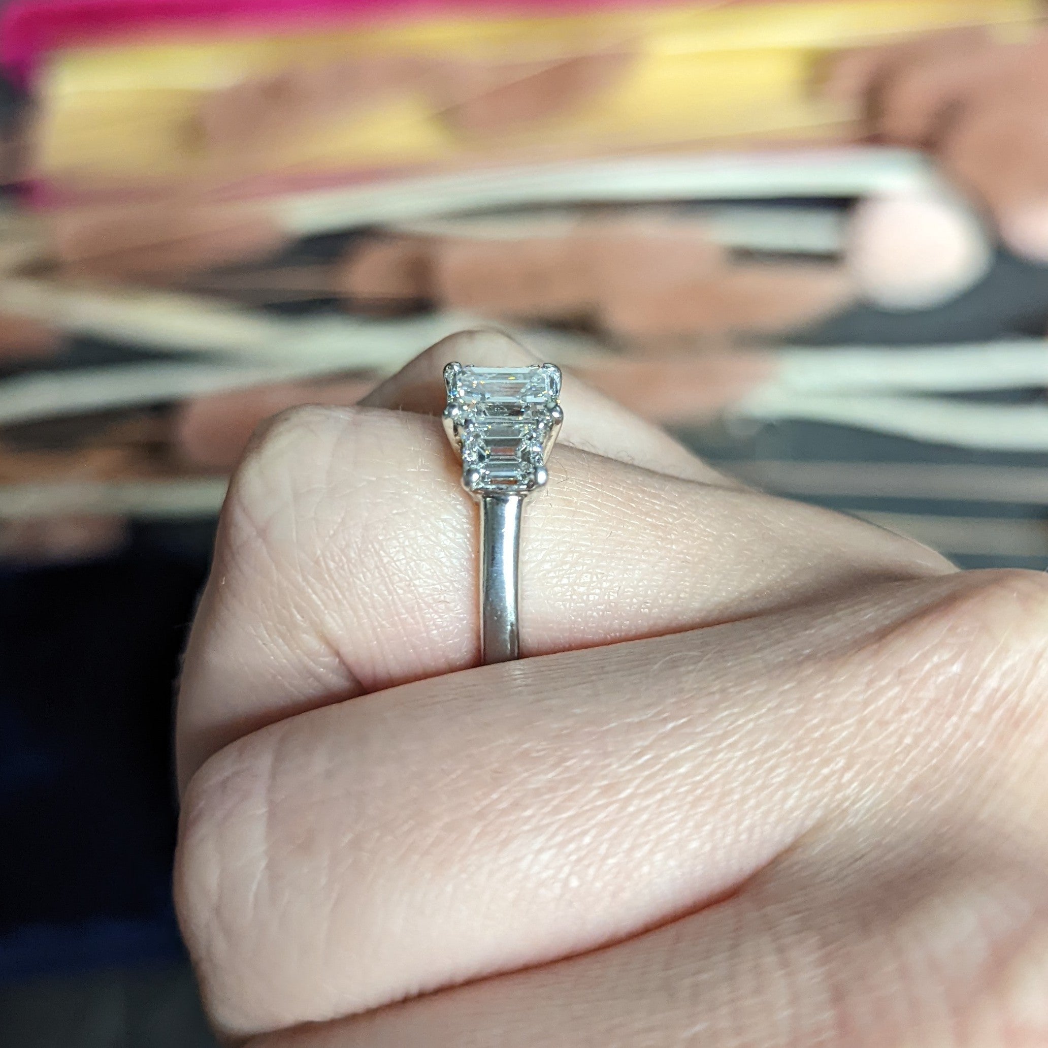 1950's Mid-Century 2.51 CTW Emerald Cut Diamond Platinum Three Stone Engagement Ring GIA Wilson's Estate Jewelry