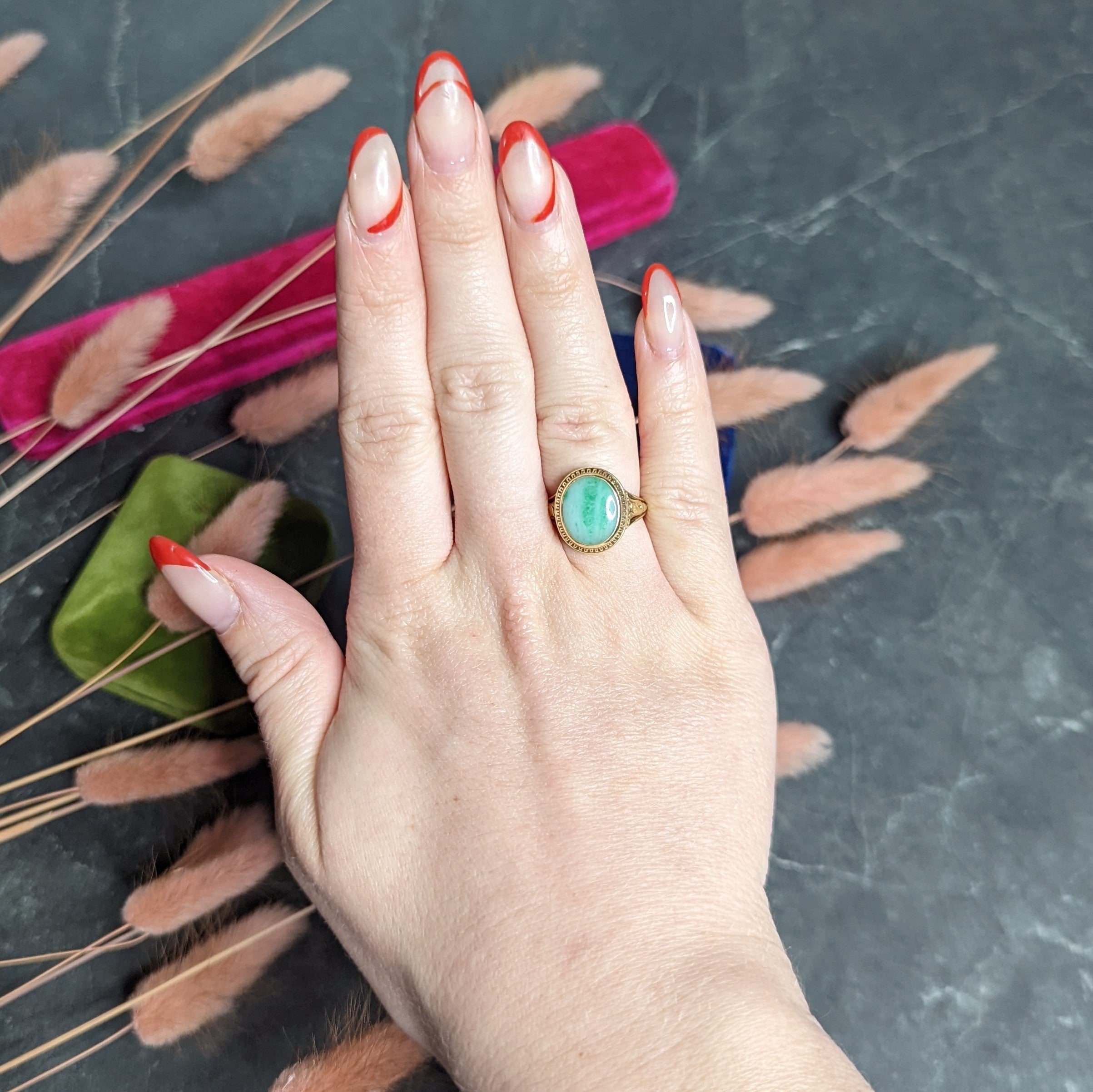 Art Deco Jade 14 Karat Yellow Gold Scrolling Iris Ring Wilson's Estate Jewelry