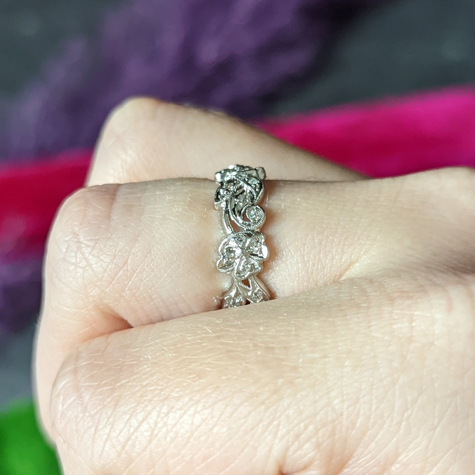 Vintage 0.50 CTW Diamond Platinum Floral Eternity Band Ring Wilson's Estate Jewelry