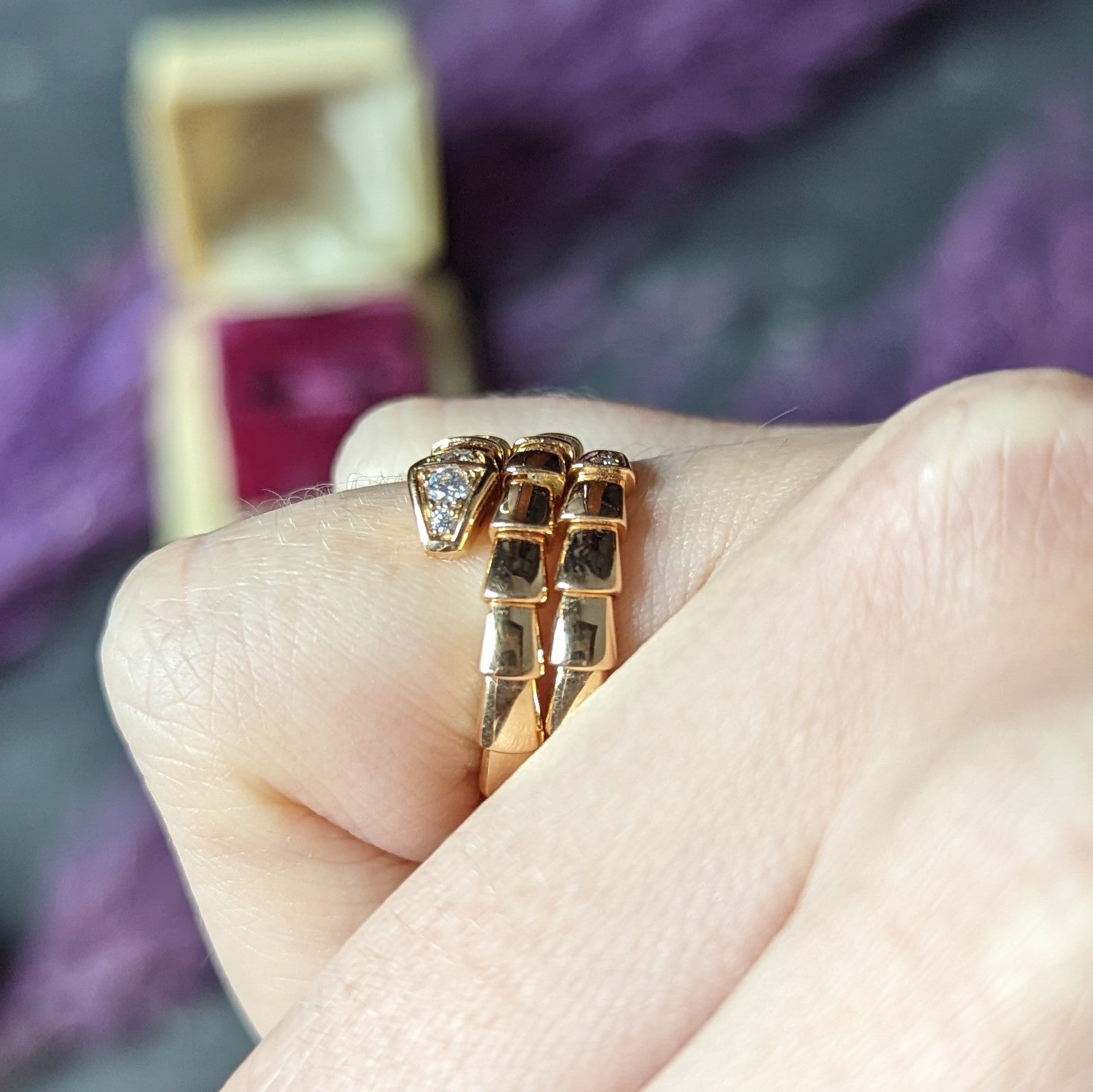 Bulgari Italy Diamond 18 Karat Rose Gold Flexible Snake Serpenti Vintage Band Ring Wilson's Estate Jewelry