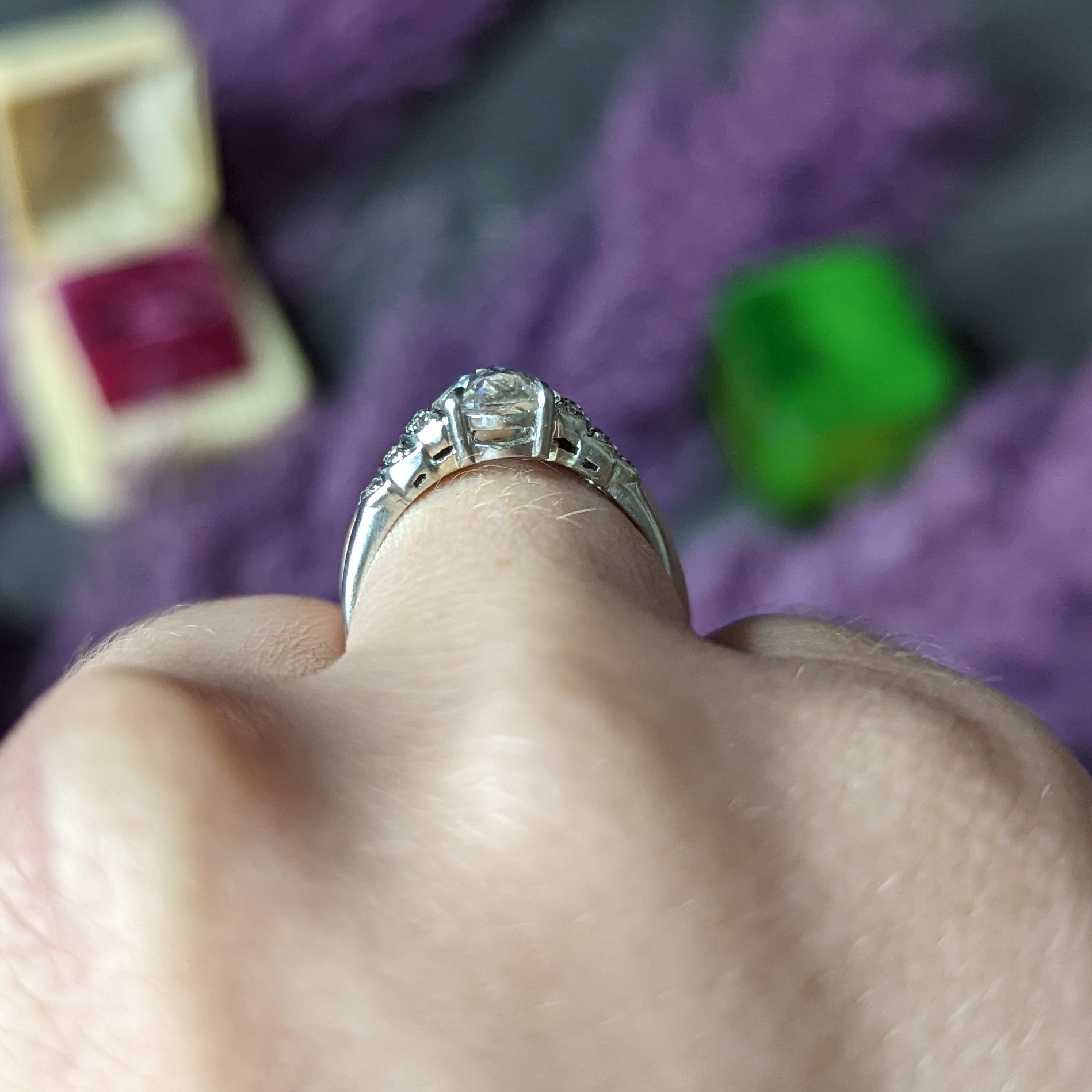 Vintage 1.76 CTW Oval Cut Diamond Platinum Stepped Engagement Ring GIA Wilson's Estate Jewelry
