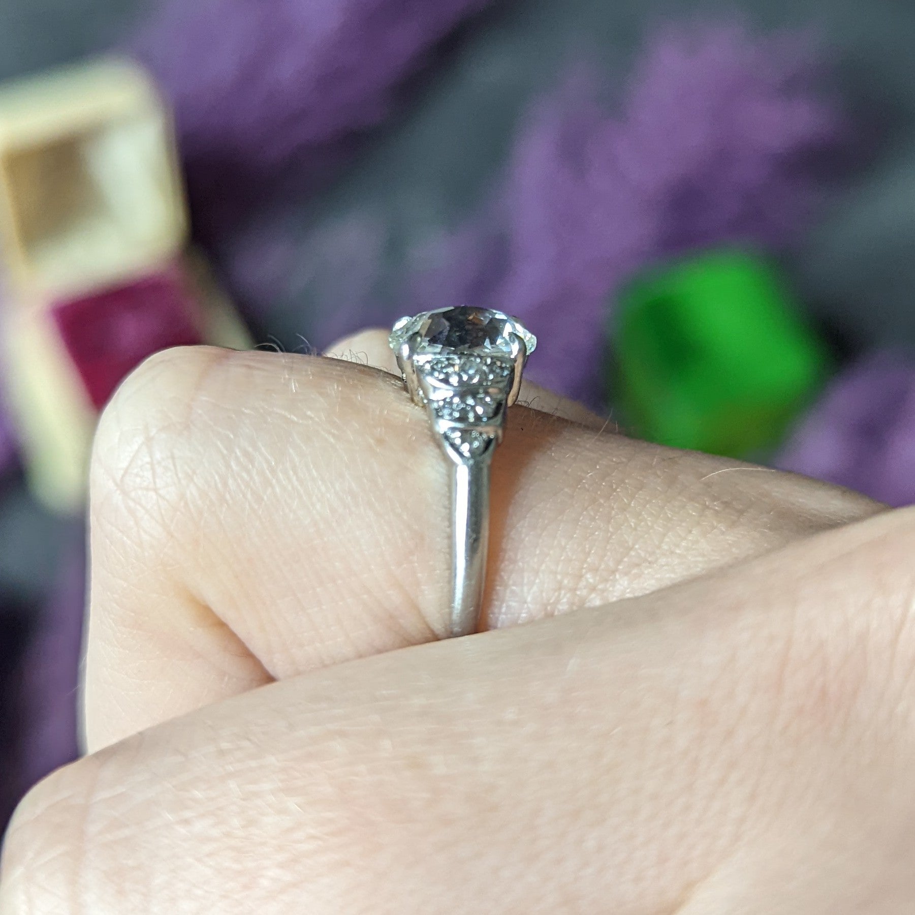 Vintage 1.76 CTW Oval Cut Diamond Platinum Stepped Engagement Ring GIA Wilson's Estate Jewelry