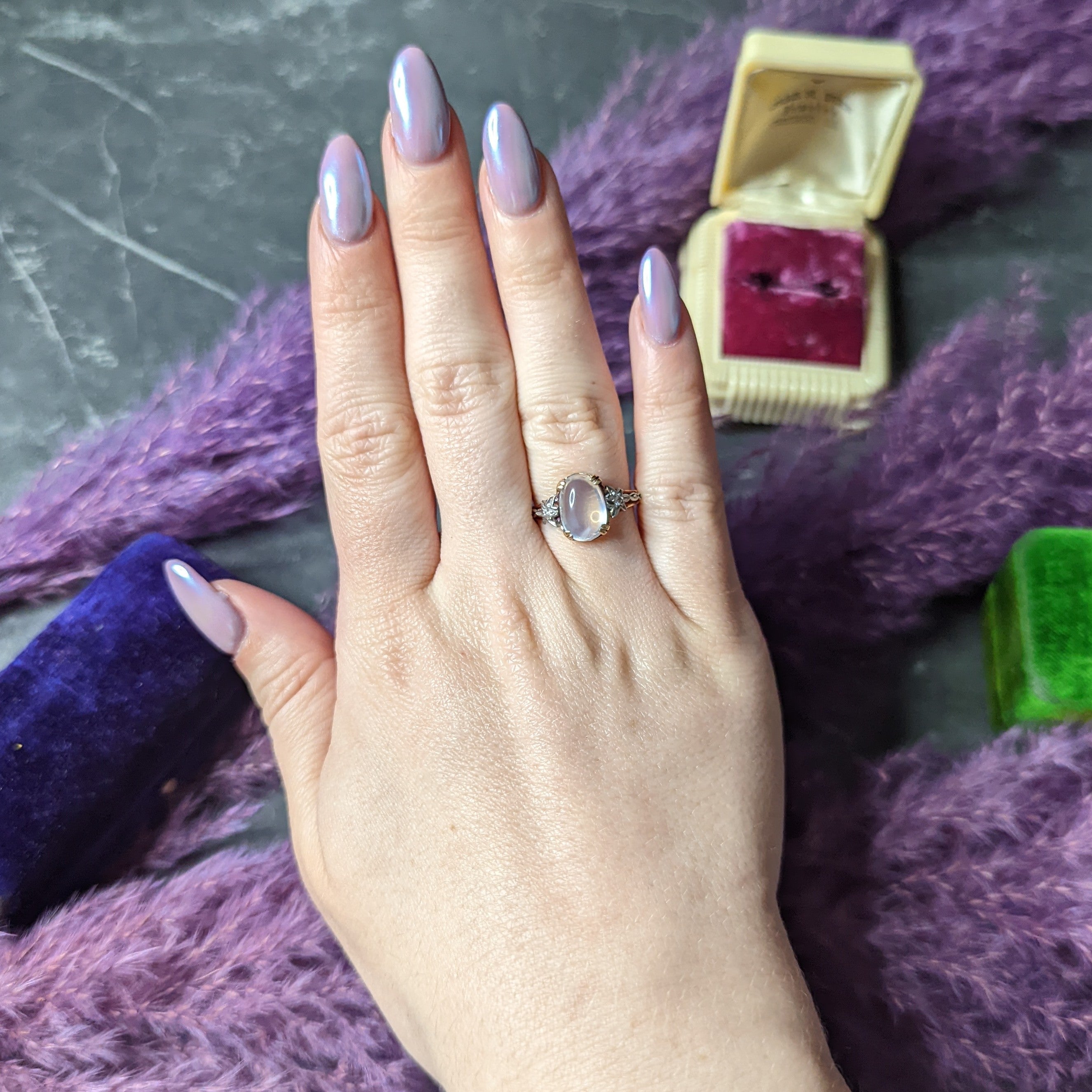 Retro Moonstone Diamond Platinum 14 Karat Rose Gold Gemstone Vintage Ring Wilson's Estate Jewelry