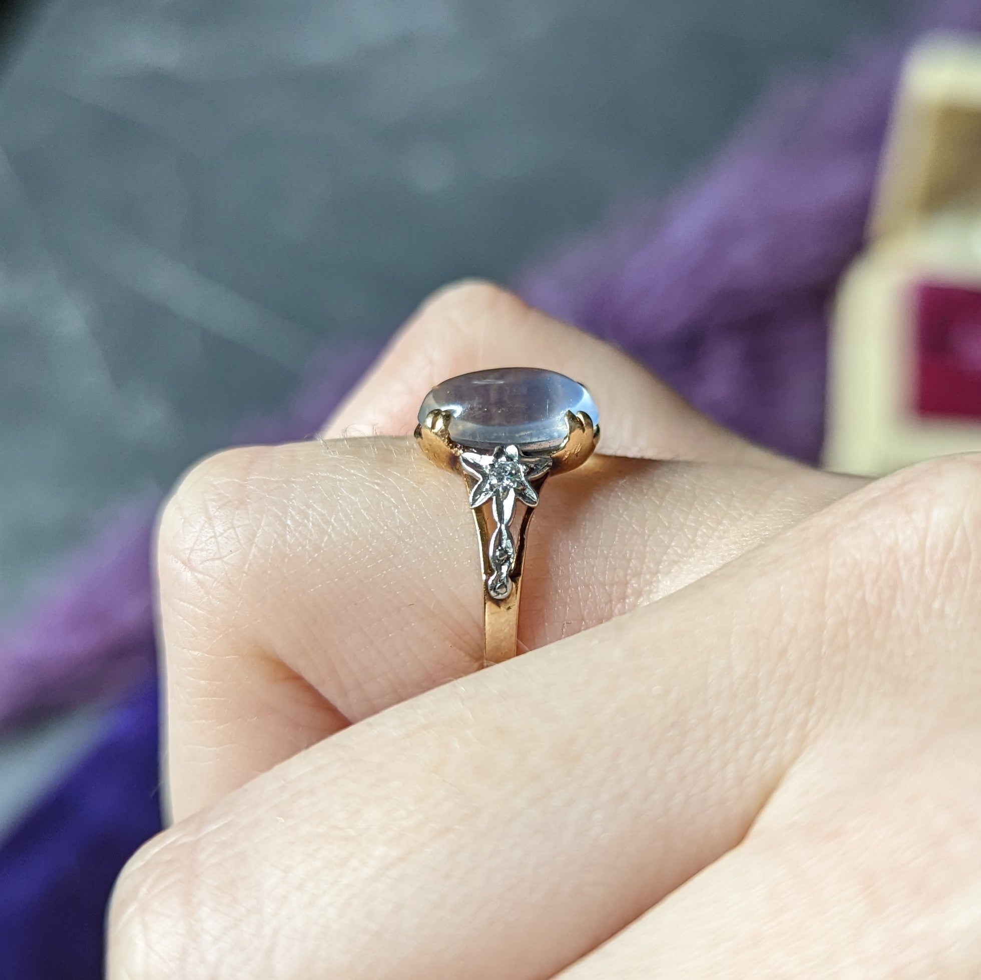 Retro Moonstone Diamond Platinum 14 Karat Rose Gold Gemstone Vintage Ring Wilson's Estate Jewelry