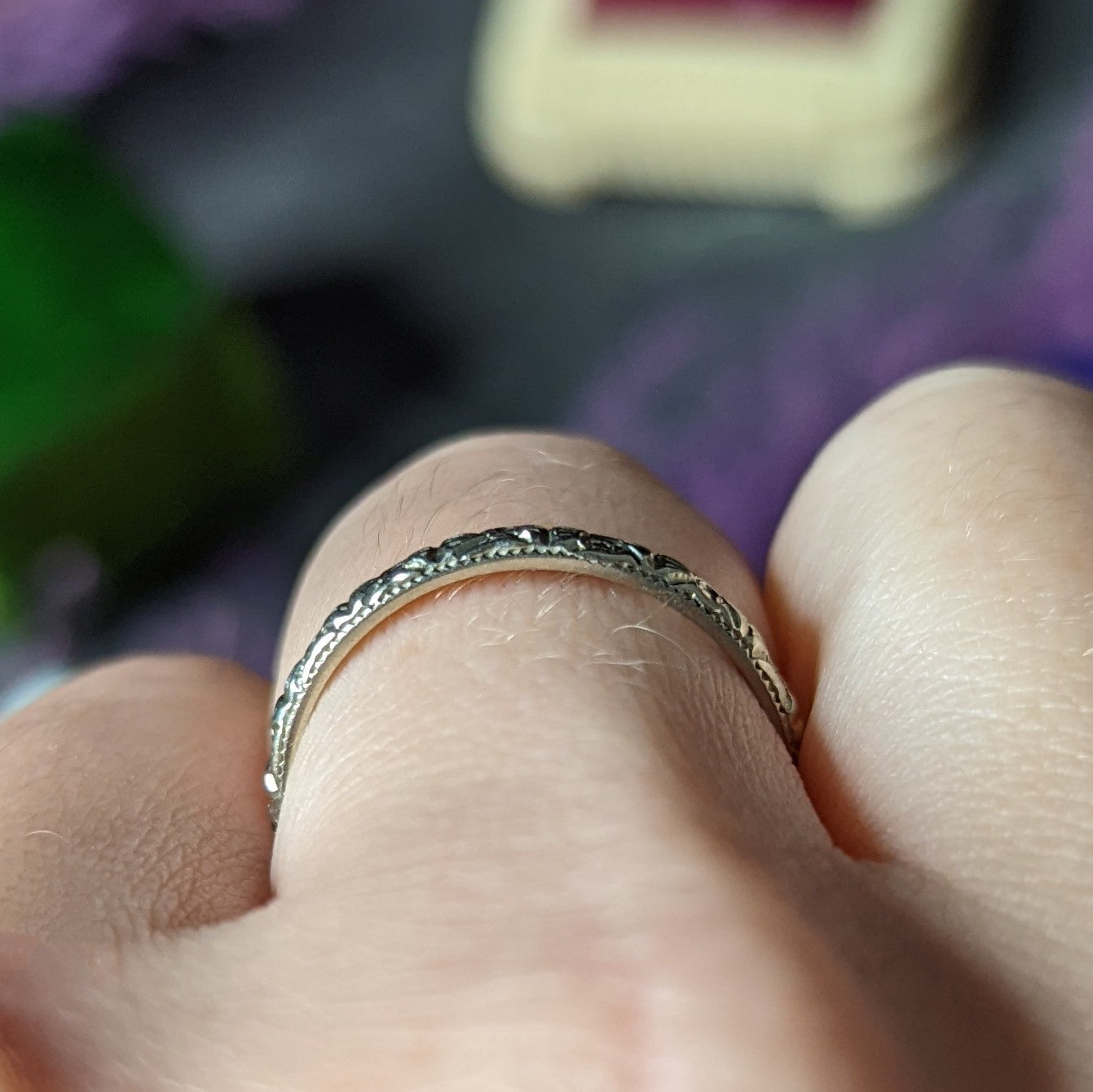 Bristol & Co. Art Deco 18 Karat White Gold Orange Blossom Unisex Stacking Wedding Band Ring Wilson's Estate Jewelry