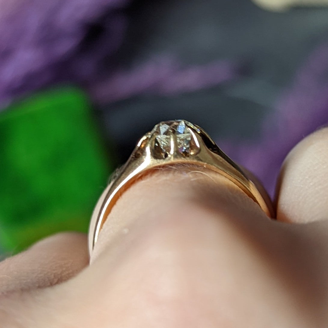 Victorian Old European Cut 0.78 CTW Diamond 14 Karat Yellow Gold Belcher Set Solitaire Antique Engagement Ring Wilson's Estate Jewelry