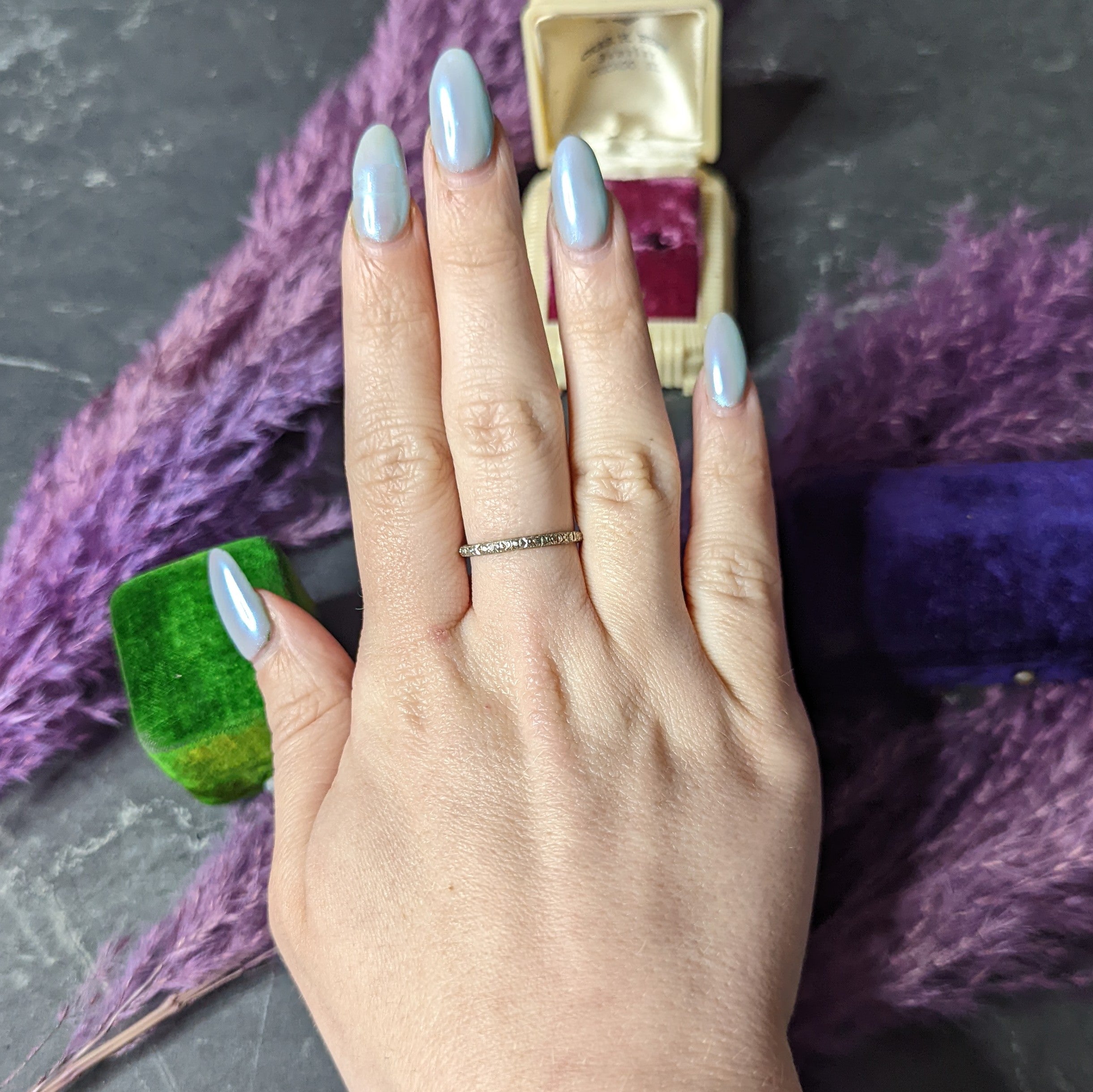 Bristol & Co. Art Deco 18 Karat White Gold Orange Blossom Wheat Unisex Stacking Band Ring Wilson's Estate Jewelry