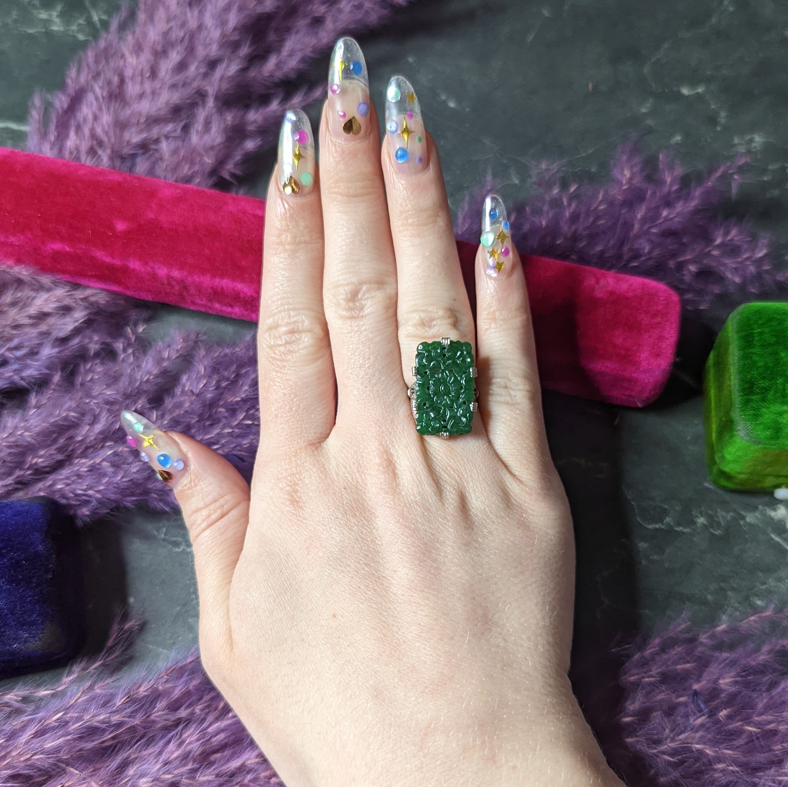 Art Deco Carved Jade Platinum Floral Statement Antique Ring Wilson's Estate Jewelry