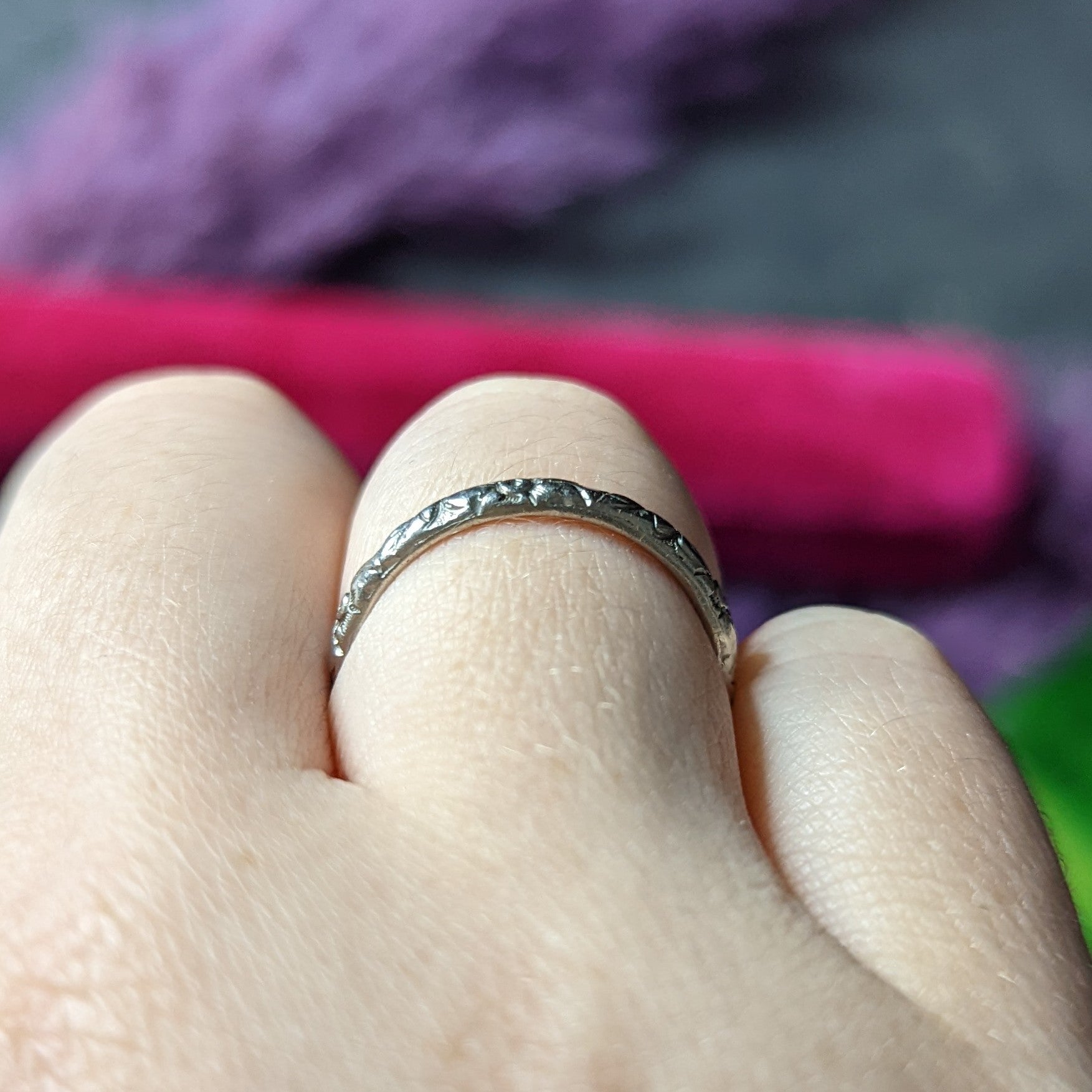 1920's Art Deco Platinum Engraved Orange Blossom Wedding Band Ring Wilson's Estate Jewelry