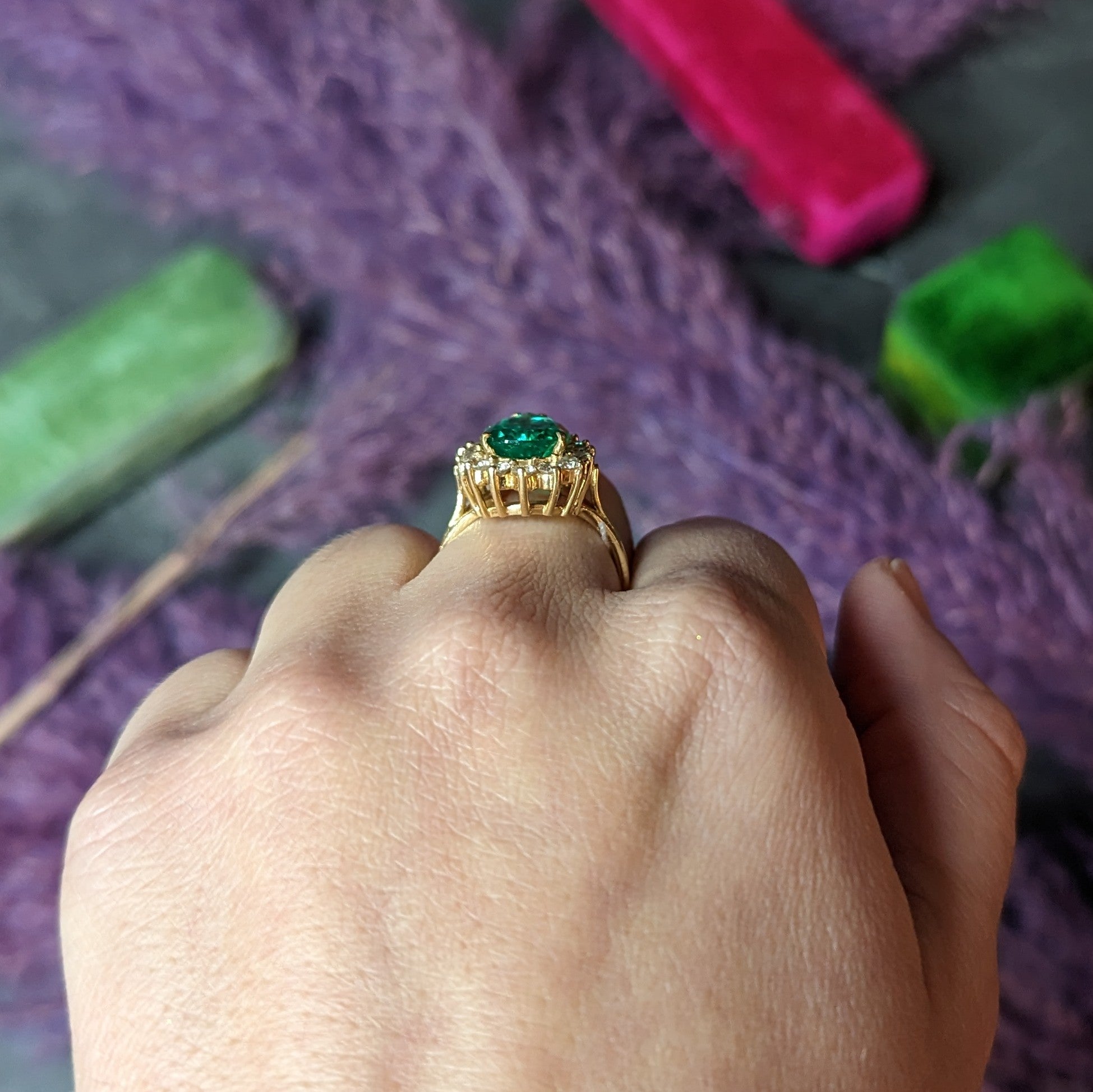 Vintage 4.34 CTW Pear Cut Columbian Emerald Diamond 14 Karat Yellow Gold Halo Ring GIA Wilson's Estate Jewelry