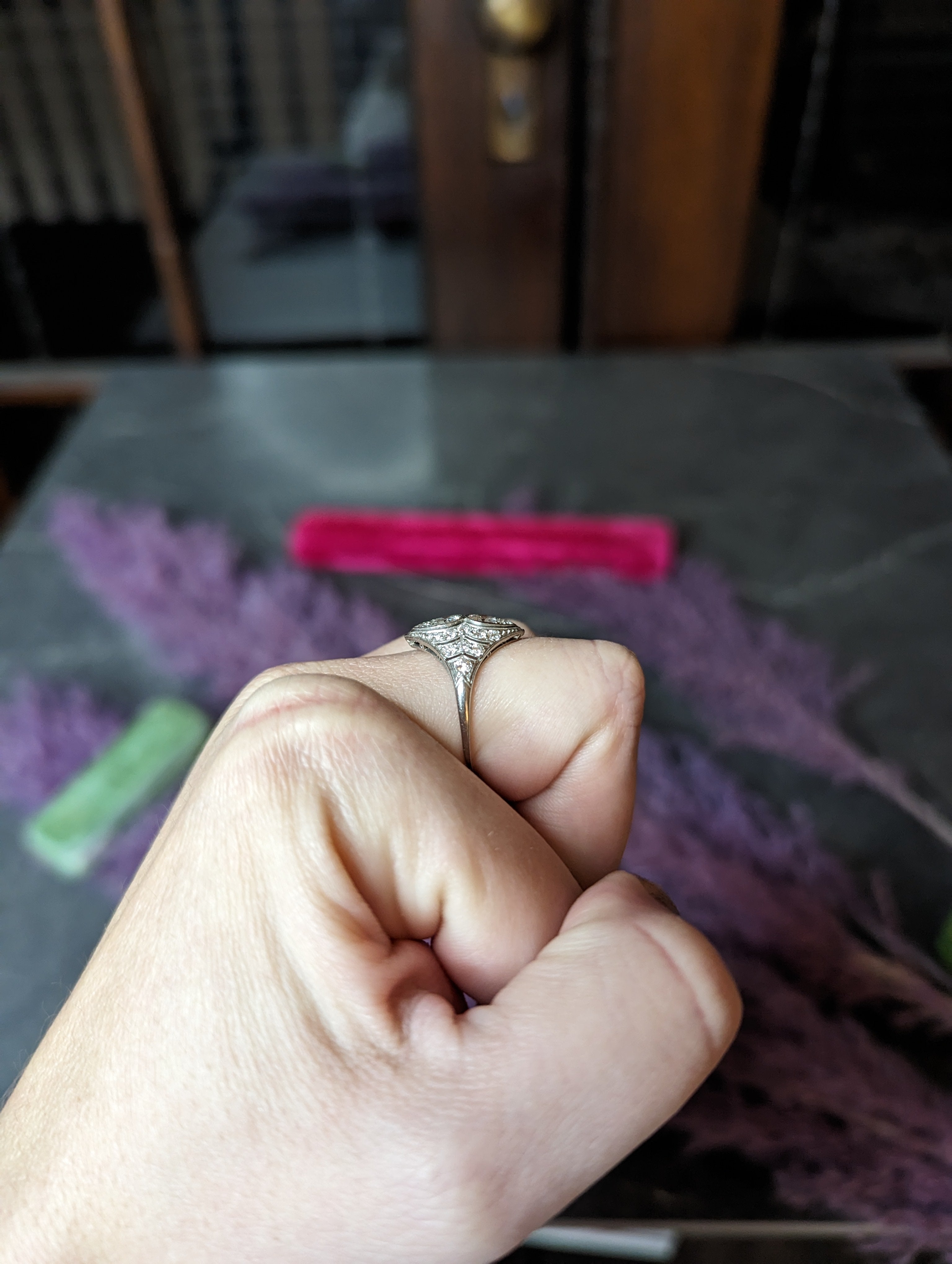 WM Wise Art Deco 1.18 CTW Old European Cut Diamond Platinum Navette Dinner Ring Wilson's Estate Jewelry
