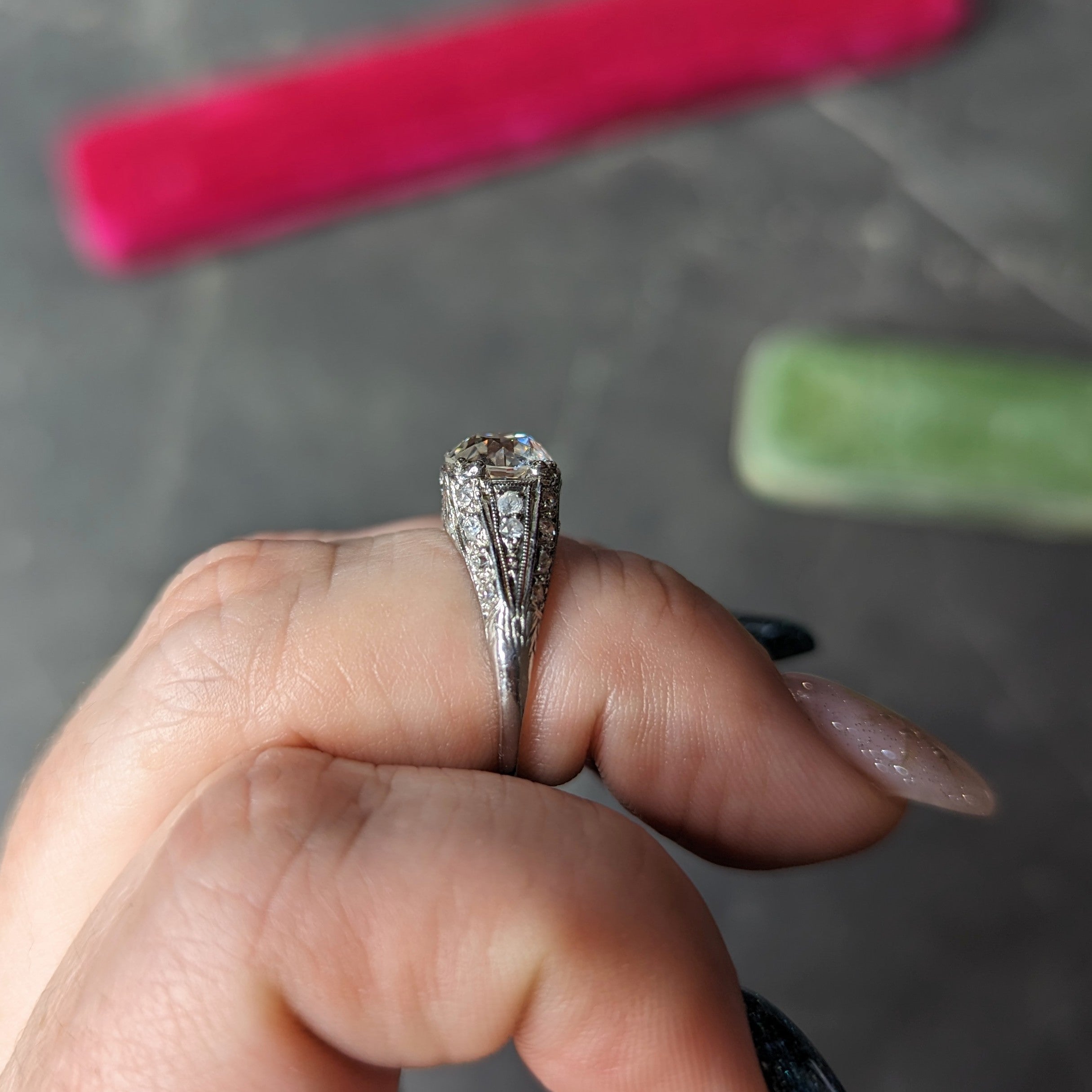 Art Deco Old European 2.28 CTW Diamond Platinum Wheat Engagement Ring GIA Wilson's Estate Jewelry