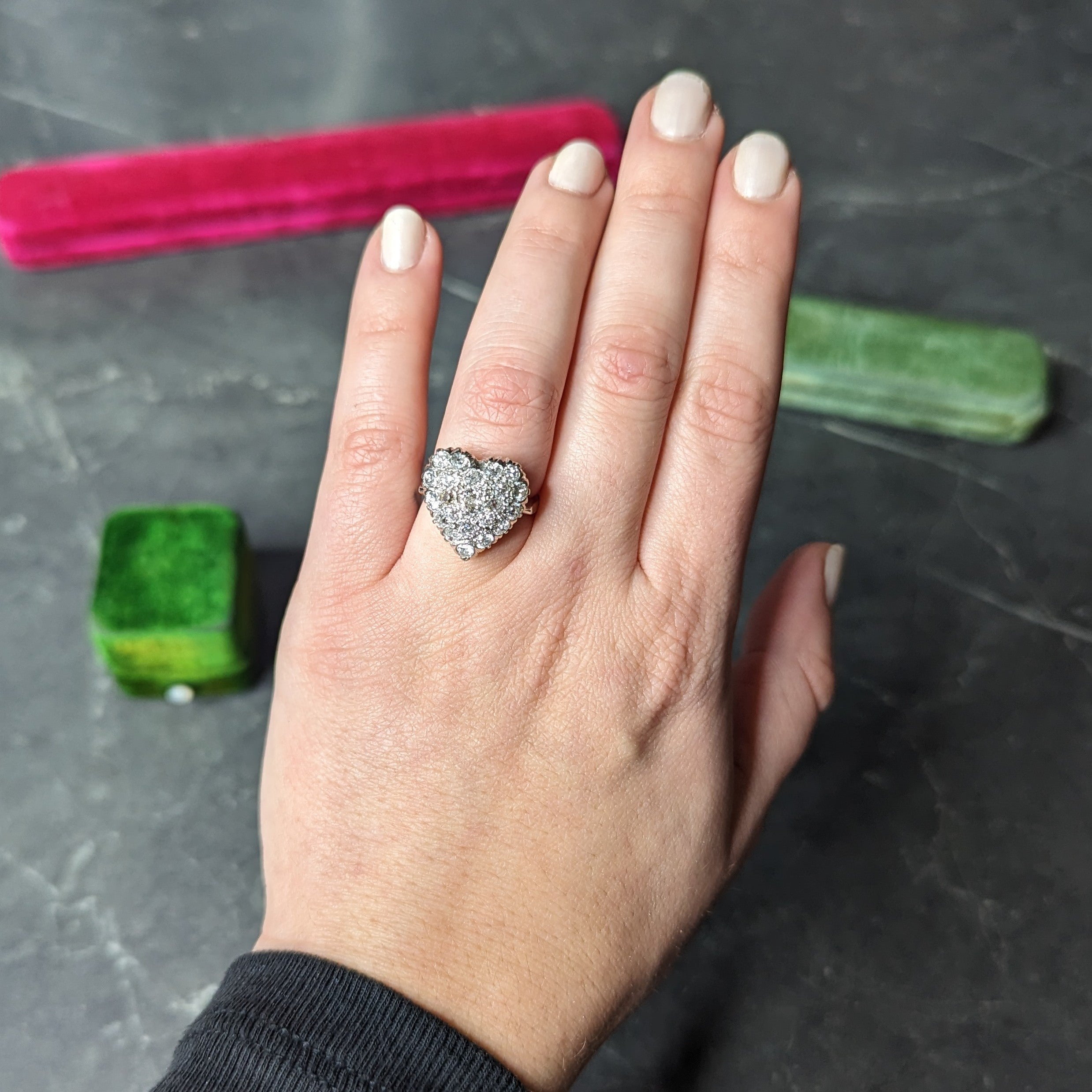 Edwardian 1.59 CTW Old Mine Cut Diamond 14 Karat White Gold Antique Heart Ring Wilson's Estate Jewelry