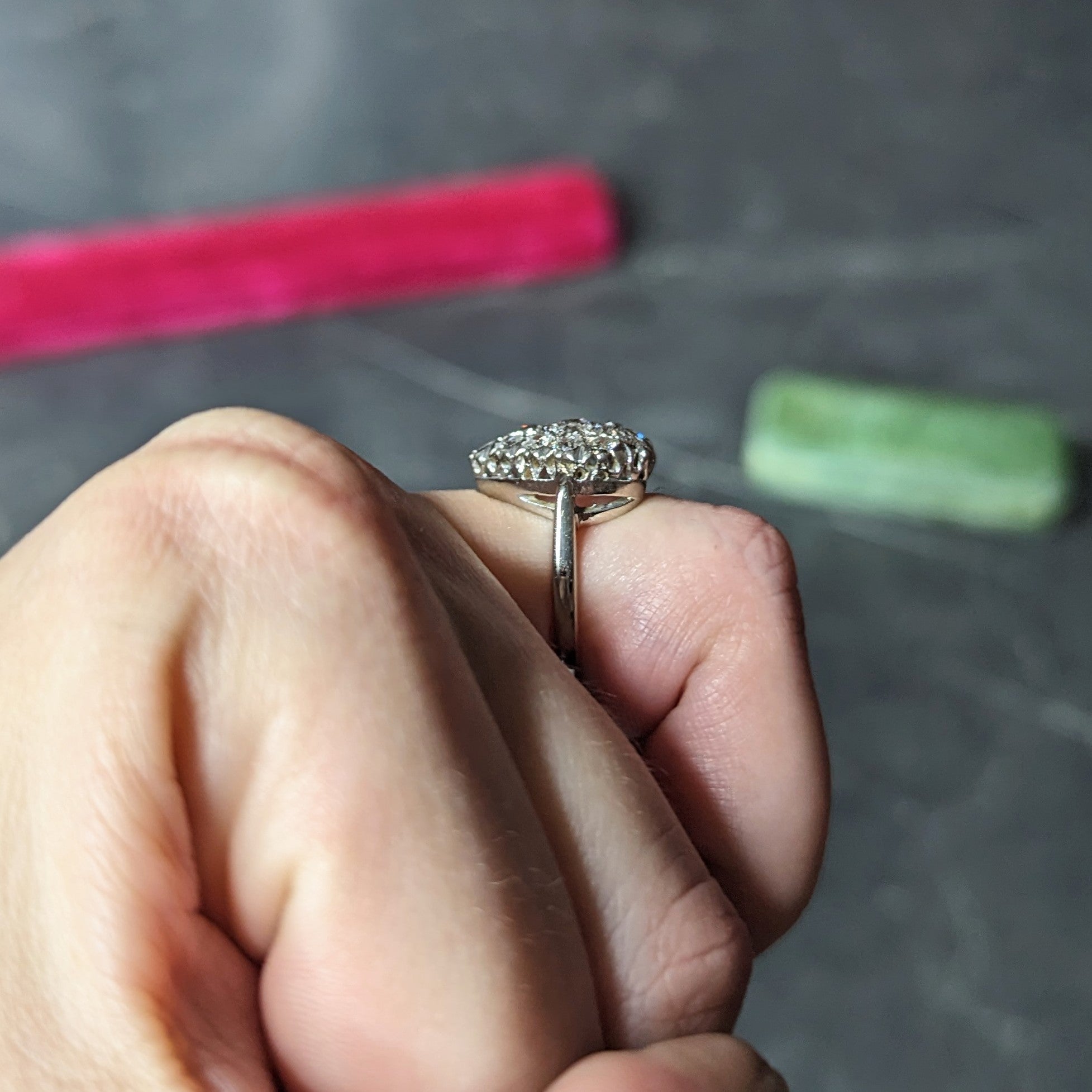 Edwardian 1.59 CTW Old Mine Cut Diamond 14 Karat White Gold Antique Heart Ring Wilson's Estate Jewelry
