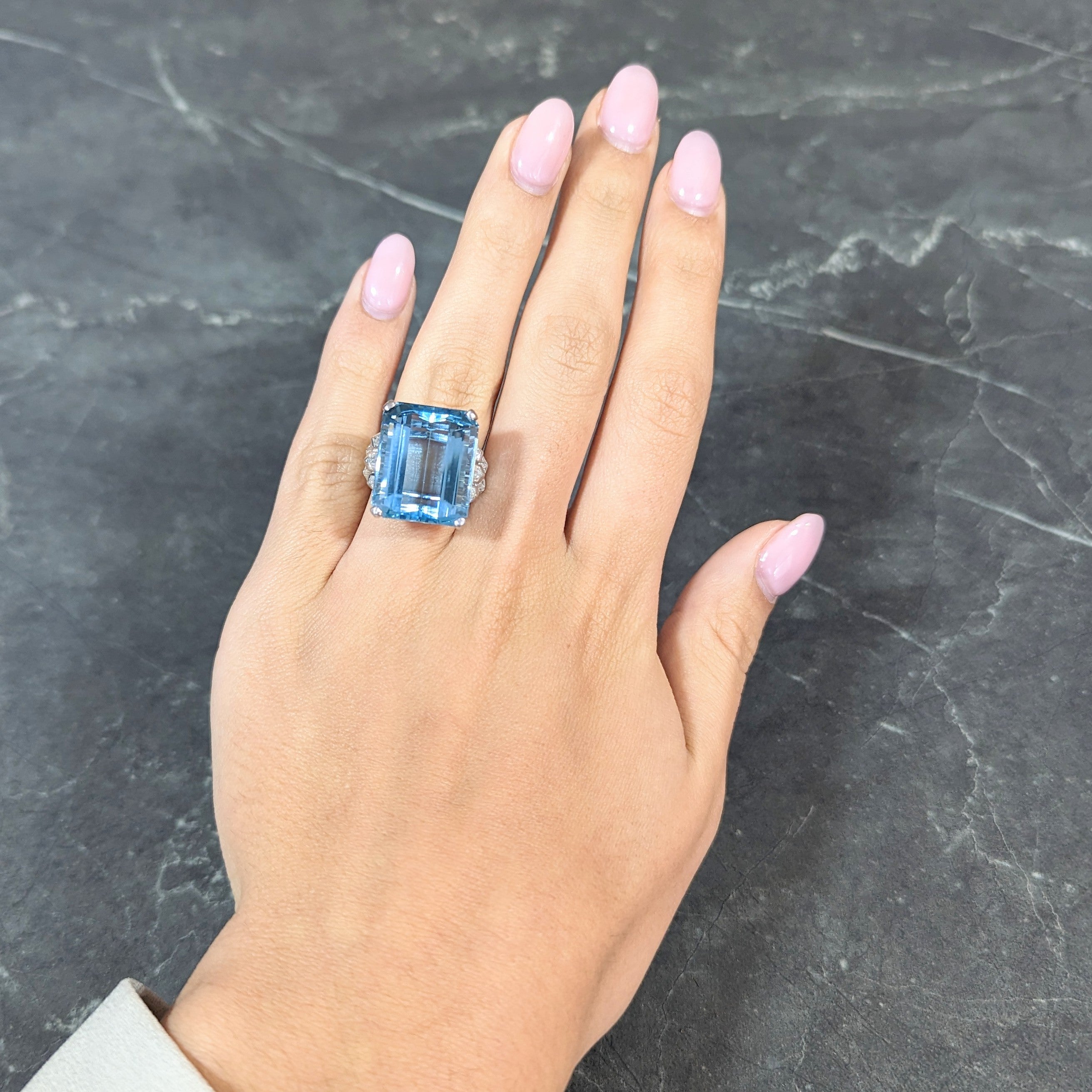 Mid-Century 25.76 CTW Emerald Cut Aquamarine Baguette Cut Diamond Platinum Stepped Chevron Antique Cocktail Ring Wilson's Estate Jewelry