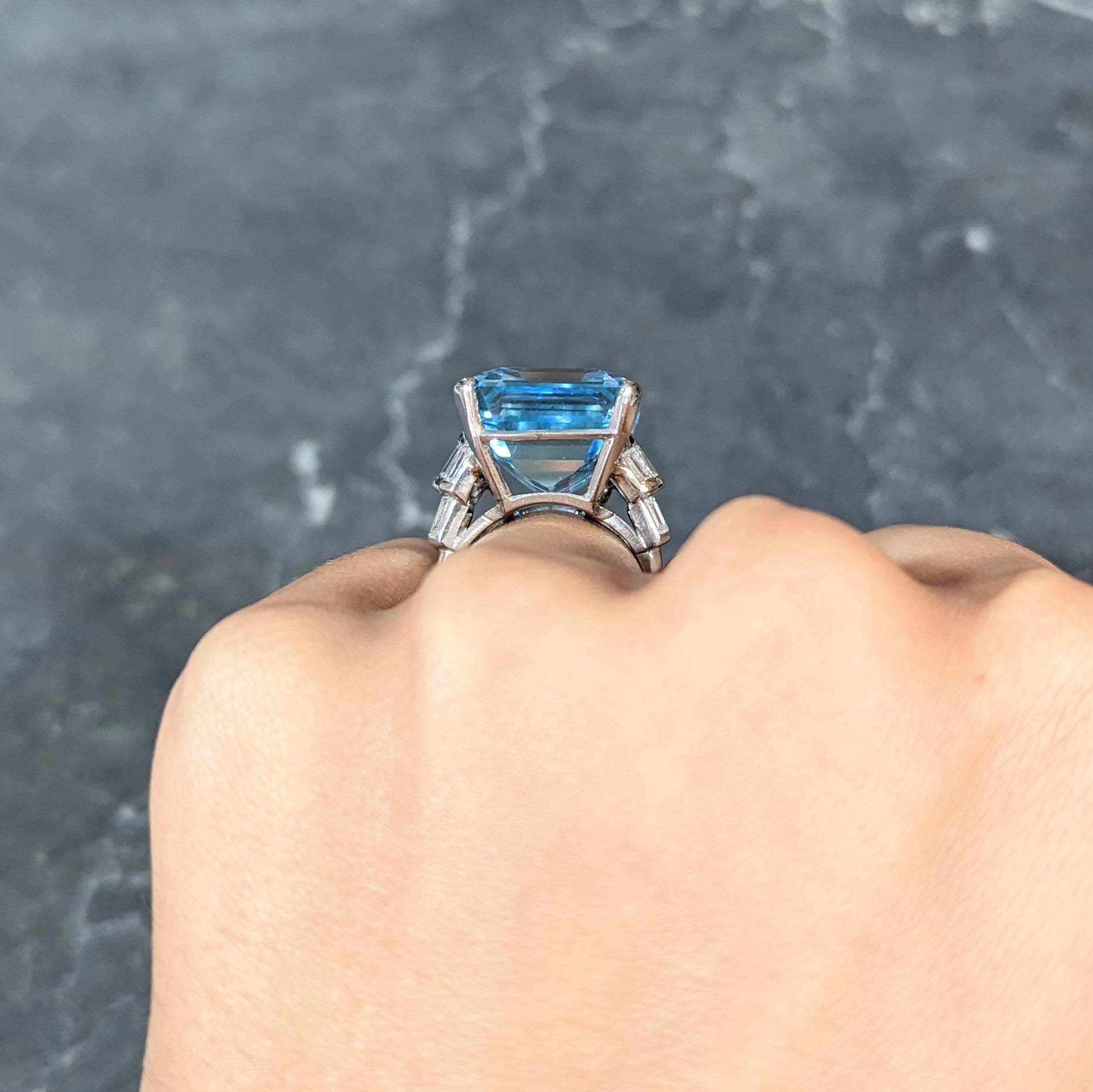 Mid-Century 25.76 CTW Emerald Cut Aquamarine Baguette Cut Diamond Platinum Stepped Chevron Antique Cocktail Ring Wilson's Estate Jewelry