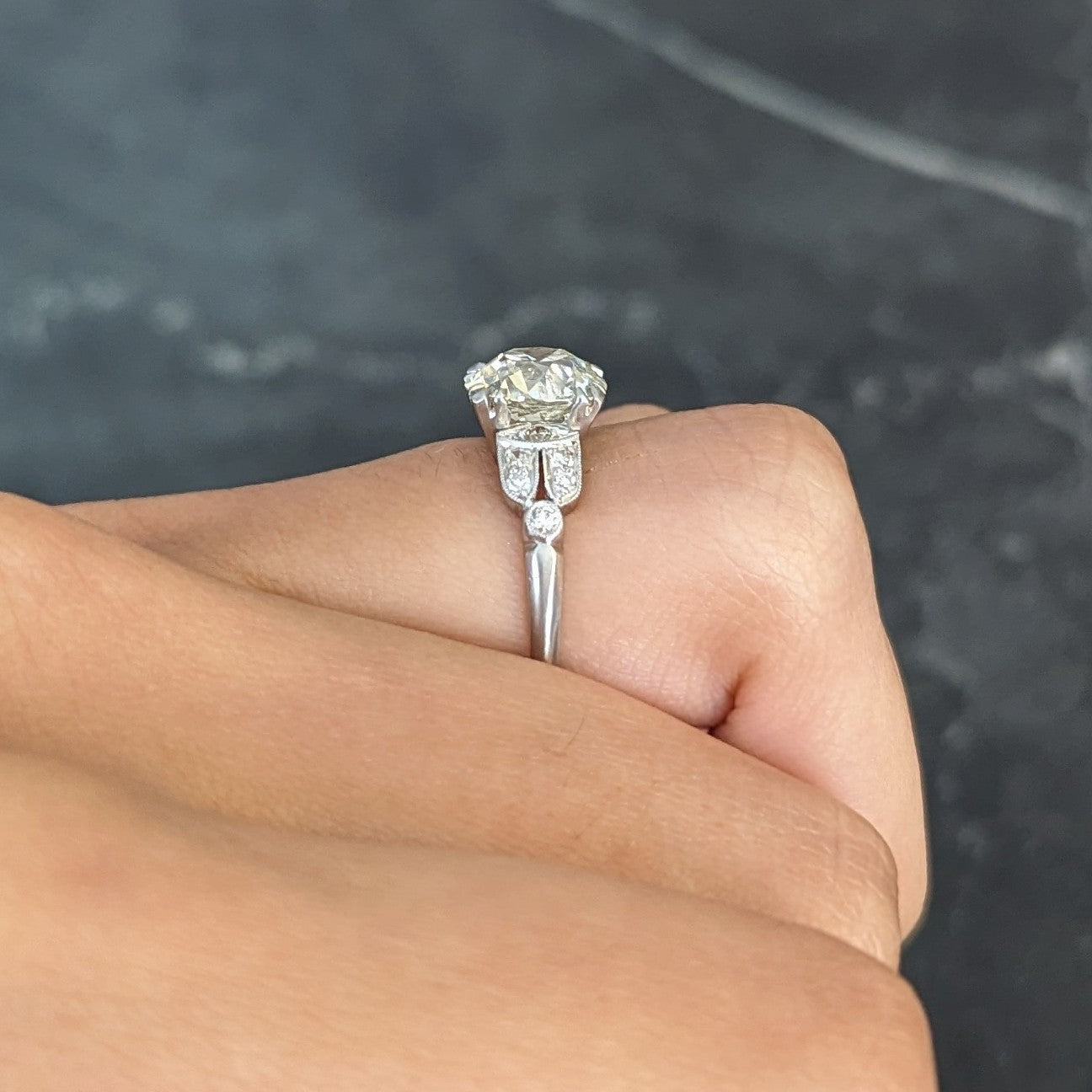 Late Art Deco 2.60 CTW Old European Cut Diamond Platinum Arch Engagement Ring Wilson's Estate Jewelry