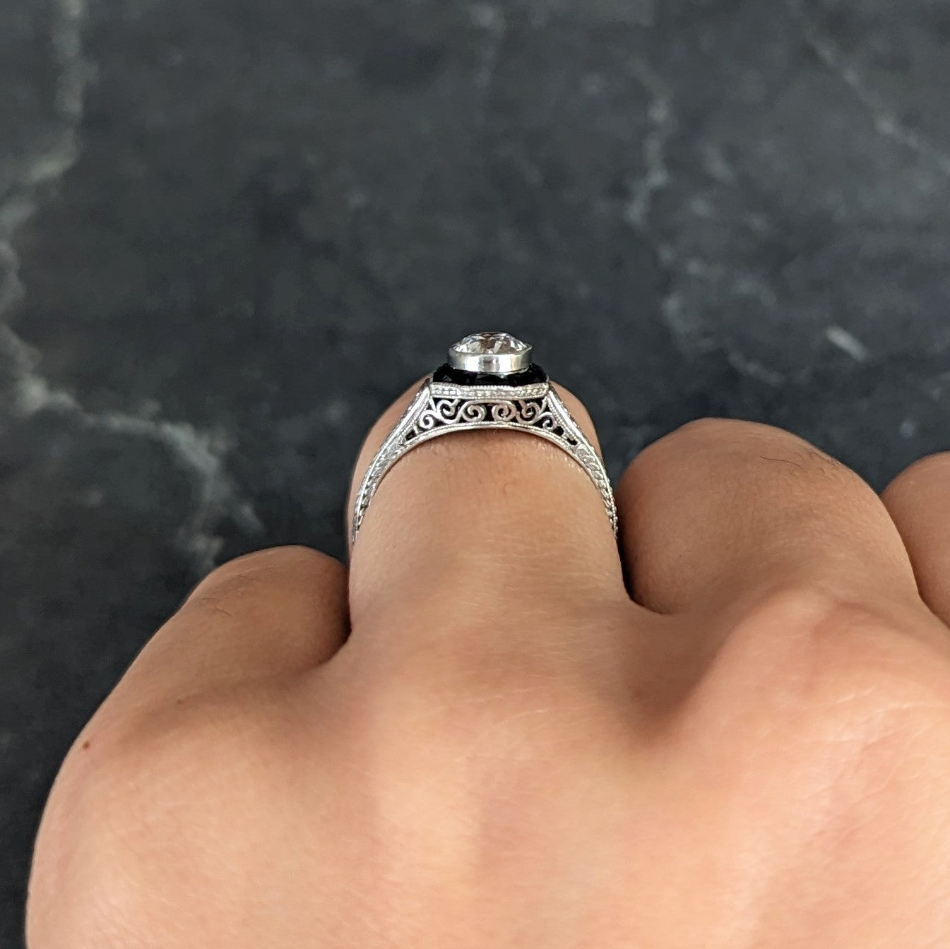 Art Deco 0.70 CTW Old European Cut Diamond French Cut Onyx Halo Scroll Clover Engagement Ring GIA Wilson's Estate Jewelry