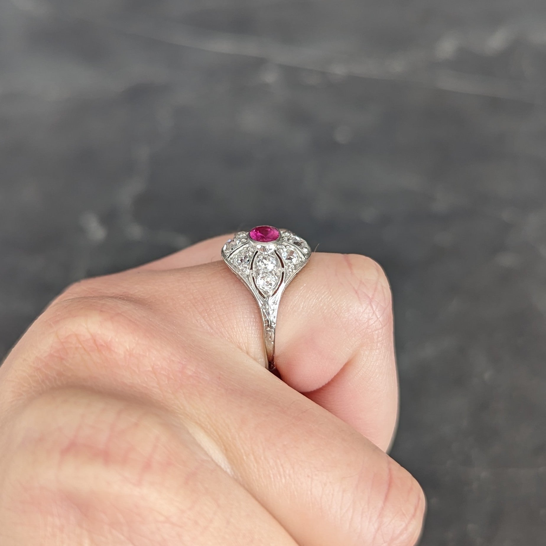 Art Deco 1.66 CTW Oval Cut Ruby Diamond 18 Karat White Gold Bombay Dinner Ring Wilson's Estate Jewelry
