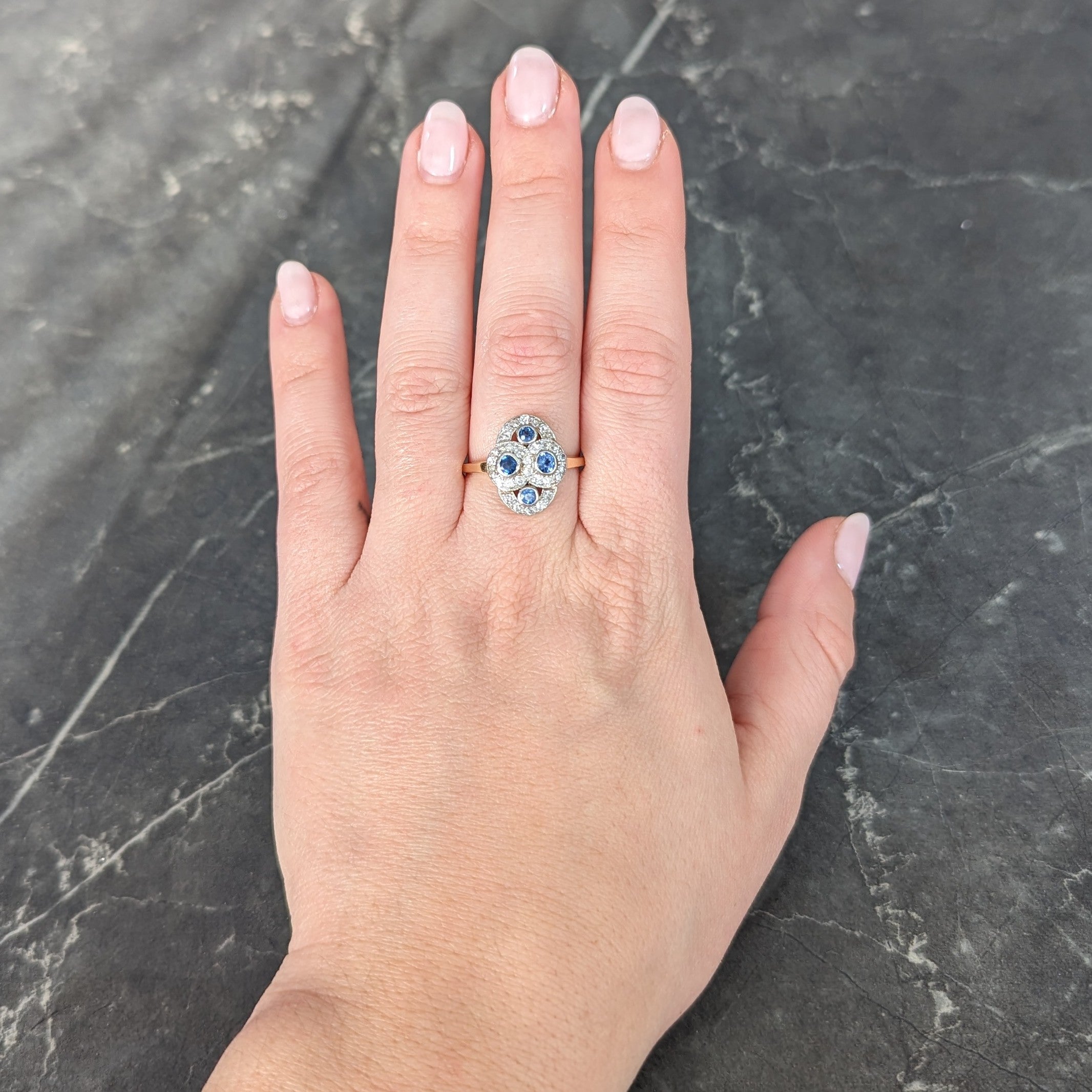 Edwardian 1.40 CTW Sapphire Diamond Platinum-Topped 14 Karat Yellow Gold Antique Quatrefoil Dinner Ring Wilson's Estate Jewelry