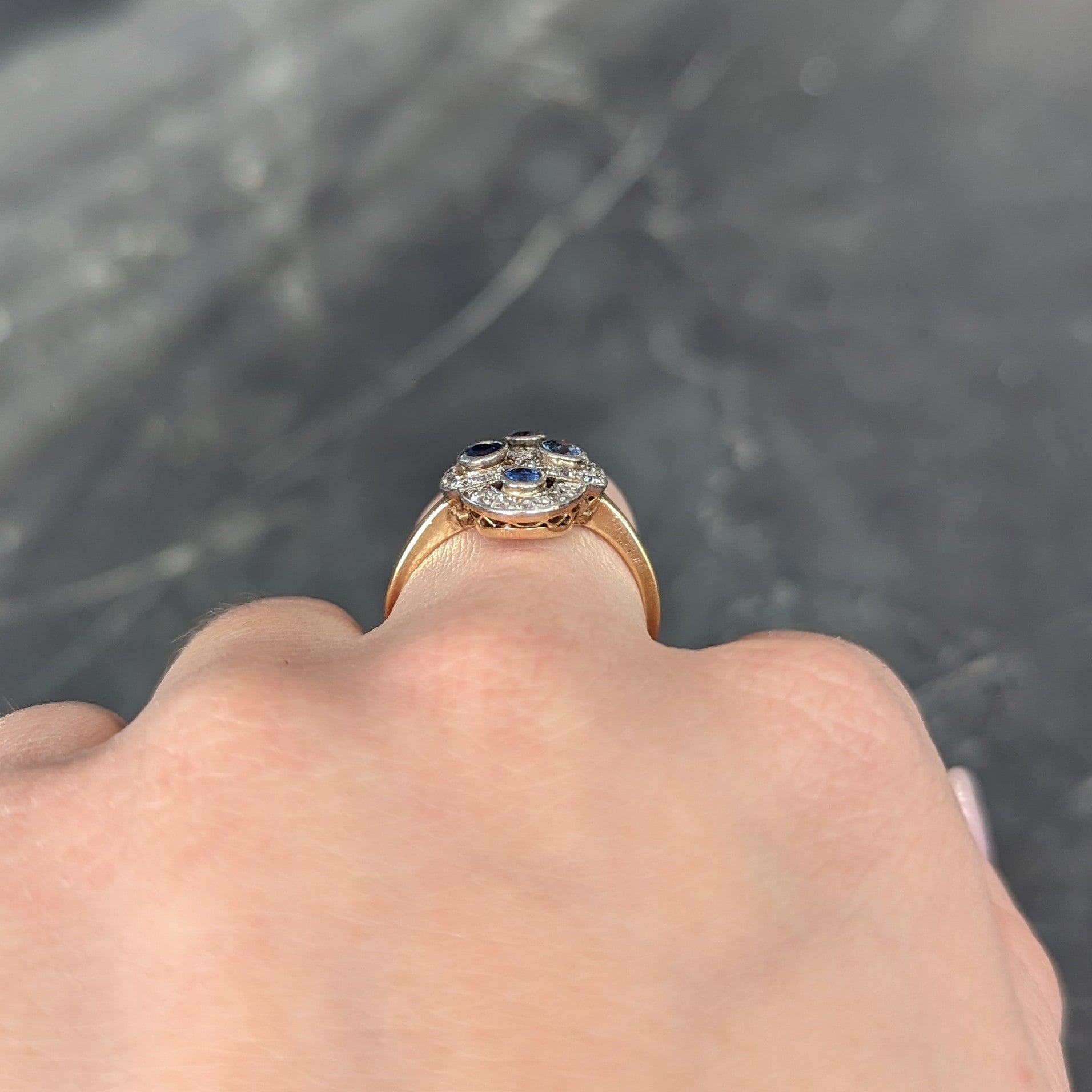 Edwardian 1.40 CTW Sapphire Diamond Platinum-Topped 14 Karat Yellow Gold Antique Quatrefoil Dinner Ring Wilson's Estate Jewelry
