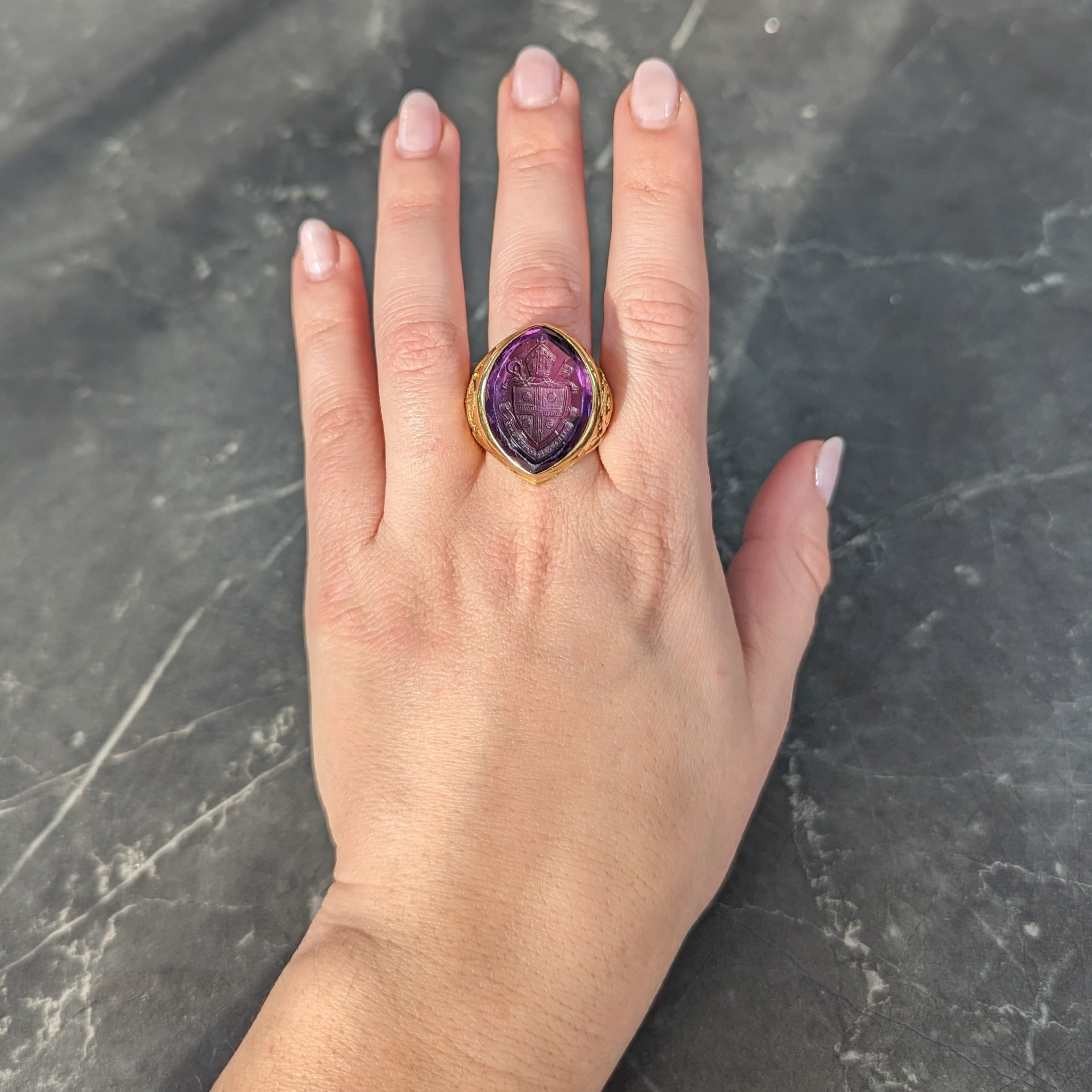 1915 Amethyst 18 Karat Yellow Gold Intaglio Ecclesiastical Bishop's Antique Navette Unisex Ring Wilson's Estate Jewelry