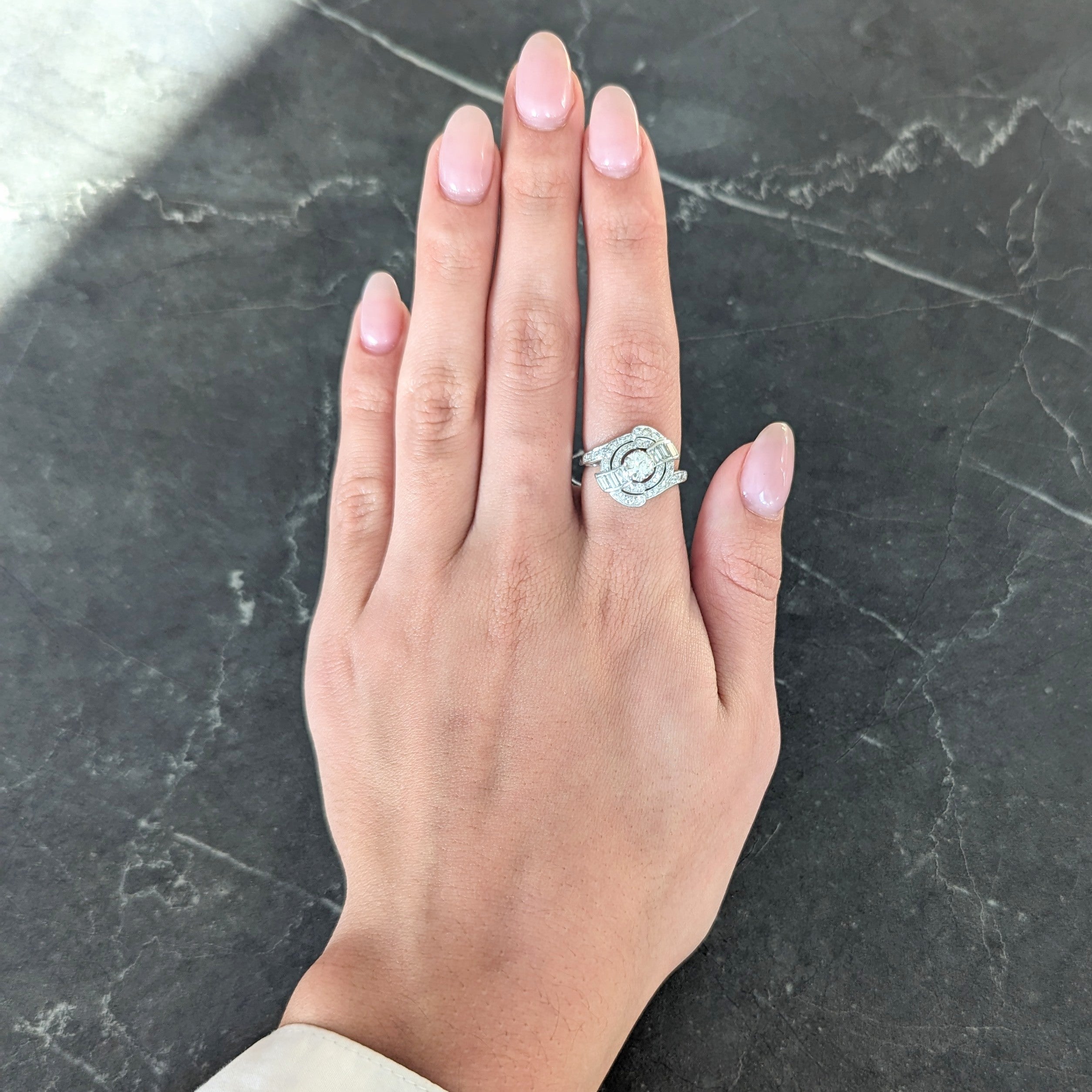 Mid-Century 1.33 CTW Old European Cut Diamond Platinum Swirl Bypass Ring Wilson's Estate Jewelry