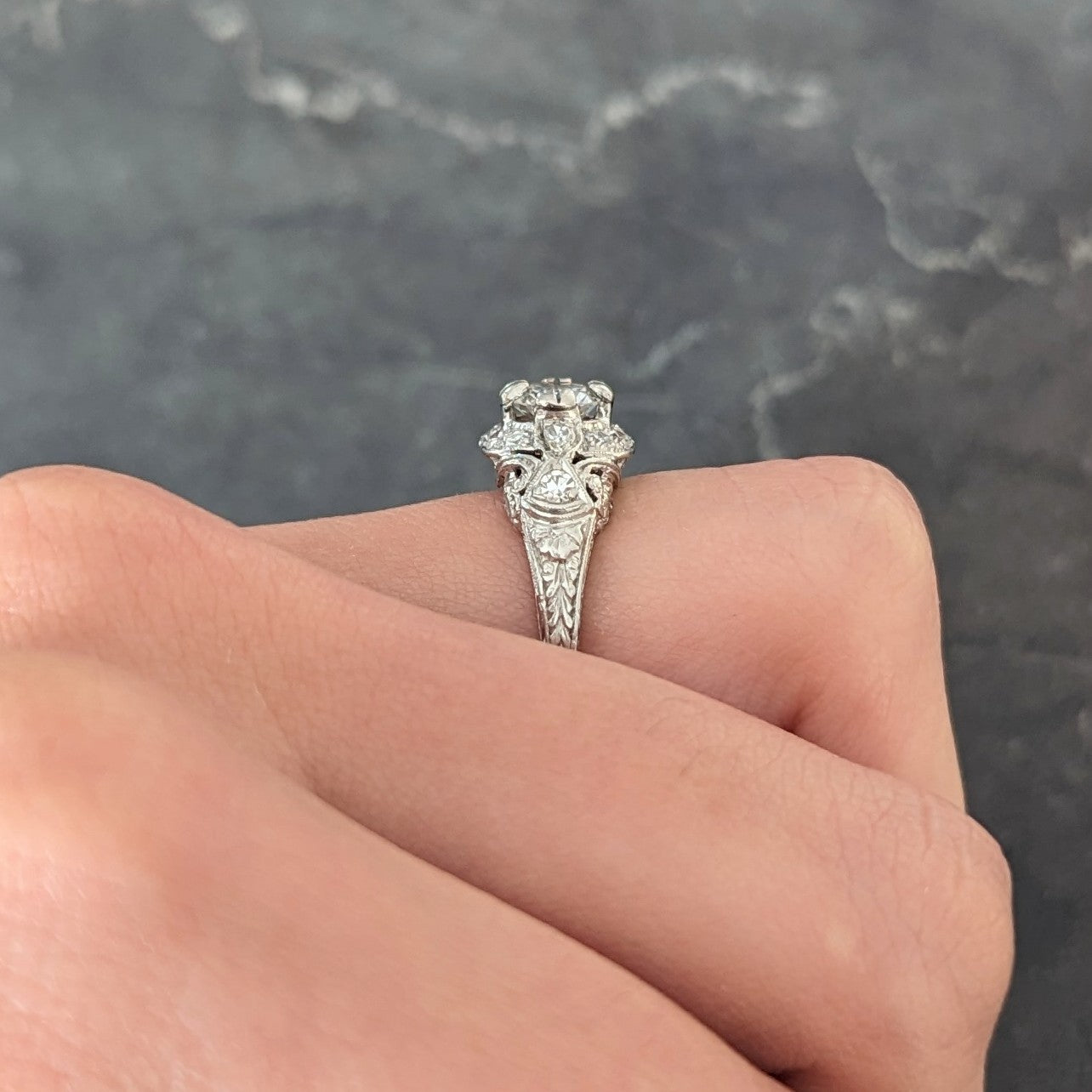 Belle Epoque 1.03 CTW Old European Cut Diamond Platinum Festoon Antique Halo Engagement Ring Wilson's Estate Jewelry