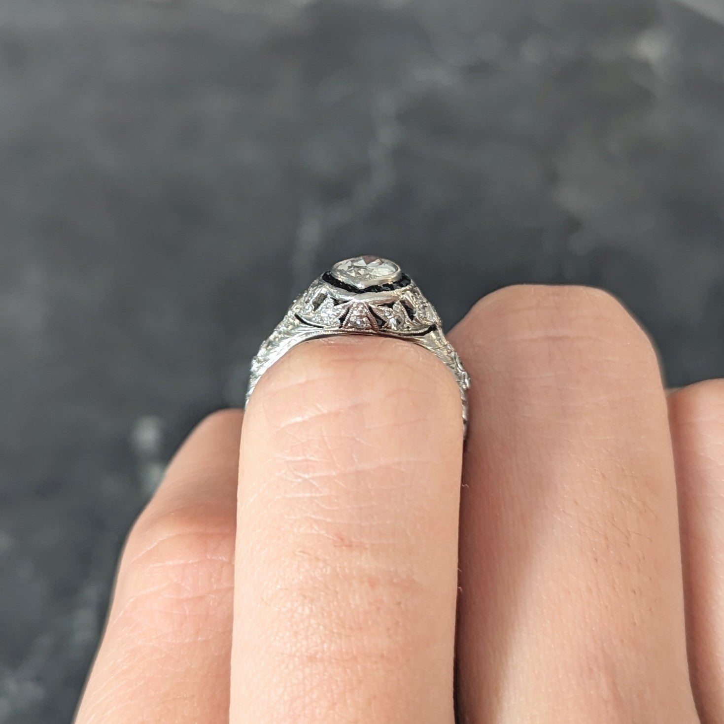 Katz & Ogush Inc. Art Deco 1.88 CTW Marquise Cut Diamond French Cut Sapphire Platinum Holly Halo Engagement Ring Wilson's Estate Jewelry