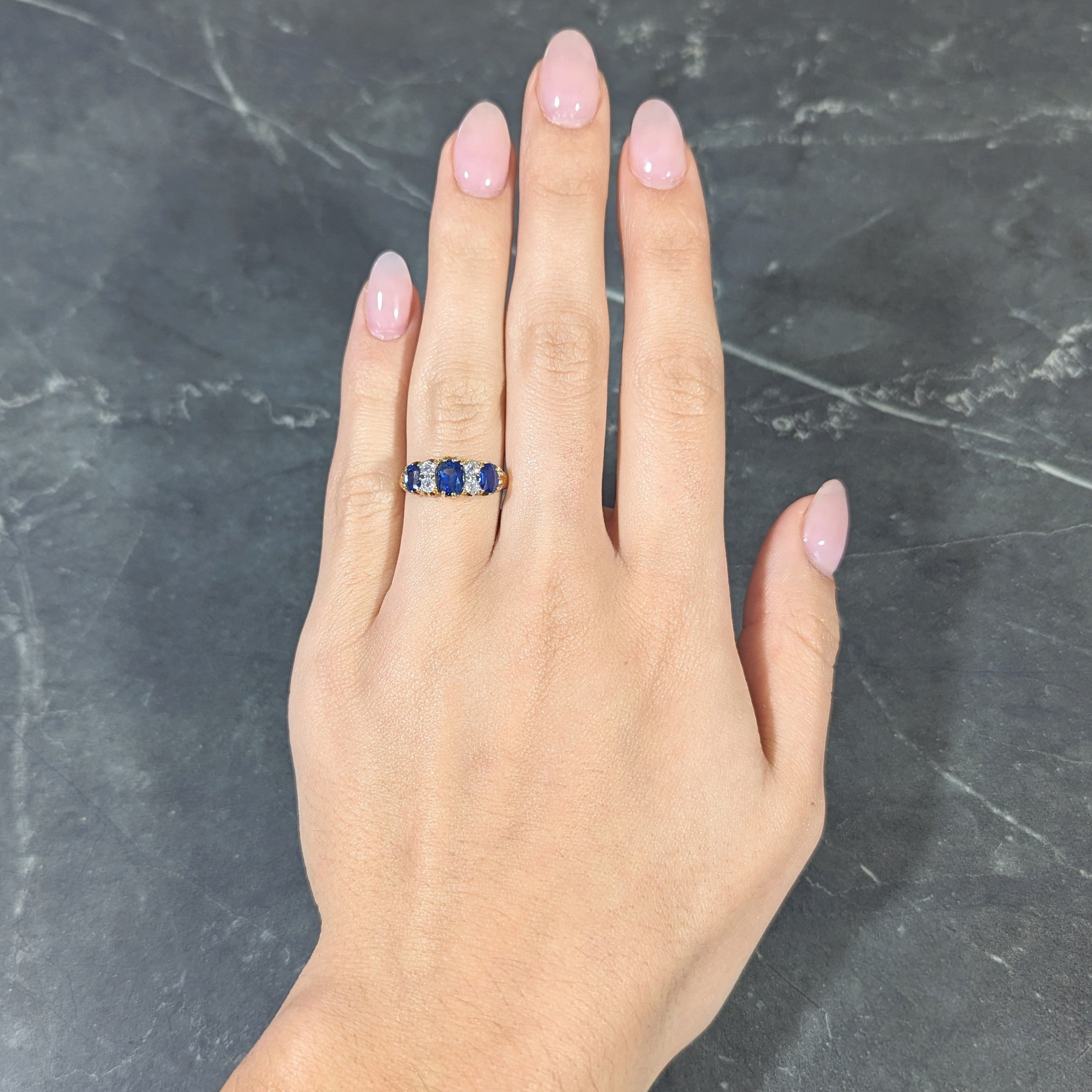 Victorian 2.10 CTW Cushion Cut Sapphire Old European Cut Diamond 18 Karat Yellow Gold Antique Band Ring Wilson's Estate Jewelry