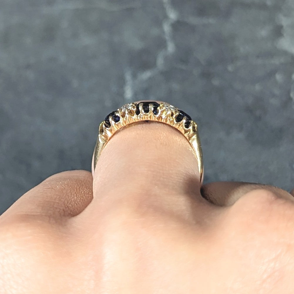 Victorian 2.10 CTW Cushion Cut Sapphire Old European Cut Diamond 18 Karat Yellow Gold Antique Band Ring Wilson's Estate Jewelry