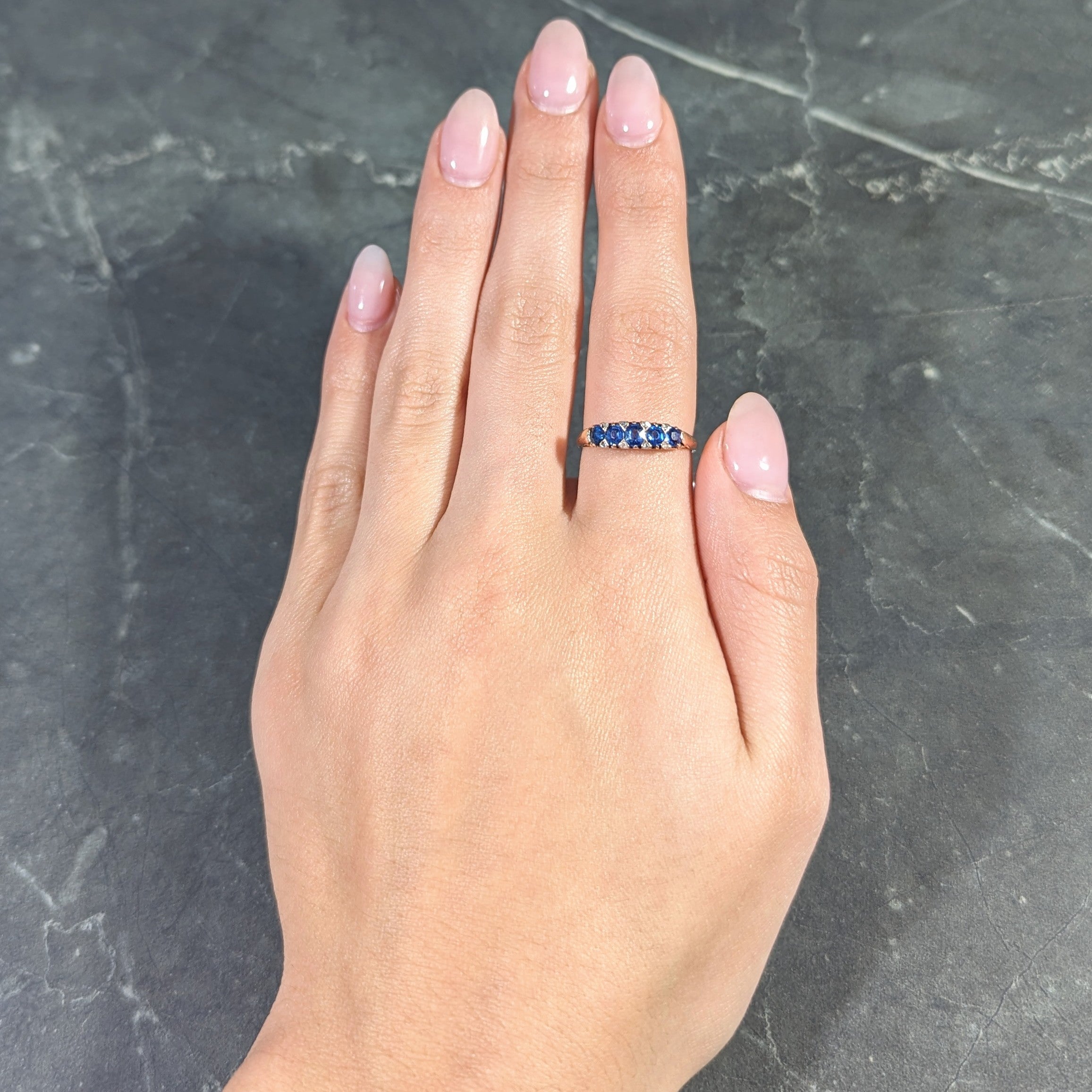 Victorian 1.15 CTW Cushion Cut Sapphire Diamond 14 Karat Yellow Gold Fleur-De-Lis Five Stone Antique Band Ring Wilson's Estate Jewelry