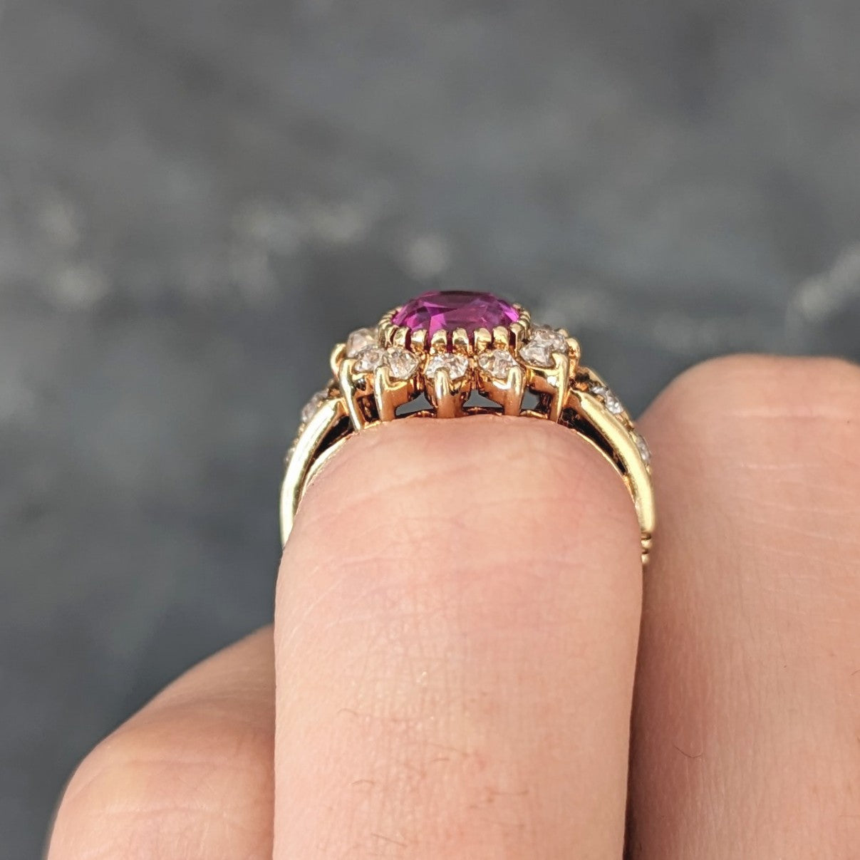 Victorian 2.94 CTW Cushion Cut No-Heat Pink Burma Sapphire Old Mine Cut Diamond 14 Karat Yellow Gold Burst Antique Cluster Ring GIA Wilson's Estate Jewelry