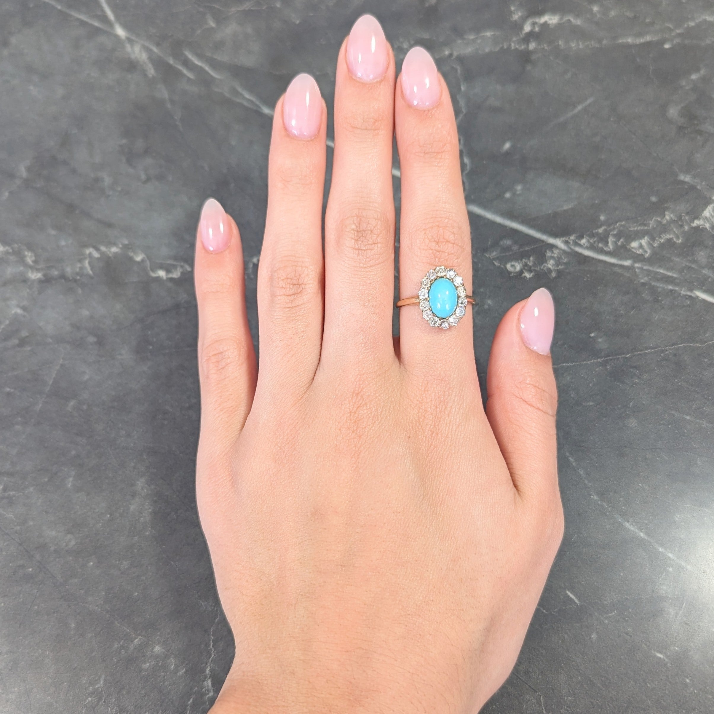 Victorian Turquoise Cabochon Old Mine Cut Diamond 14 Karat Yellow Gold Halo Ring Wilson's Estate Jewelry