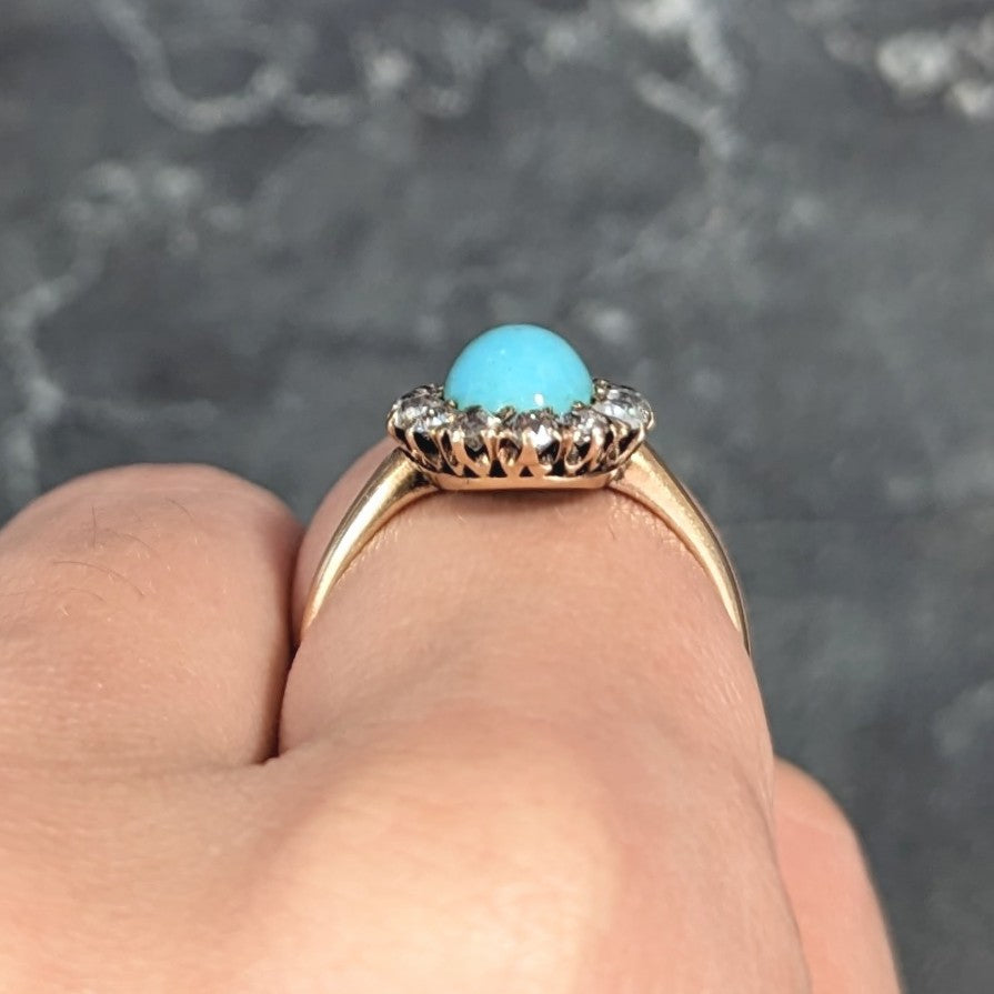 Victorian Turquoise Cabochon Old Mine Cut Diamond 14 Karat Yellow Gold Halo Ring Wilson's Estate Jewelry