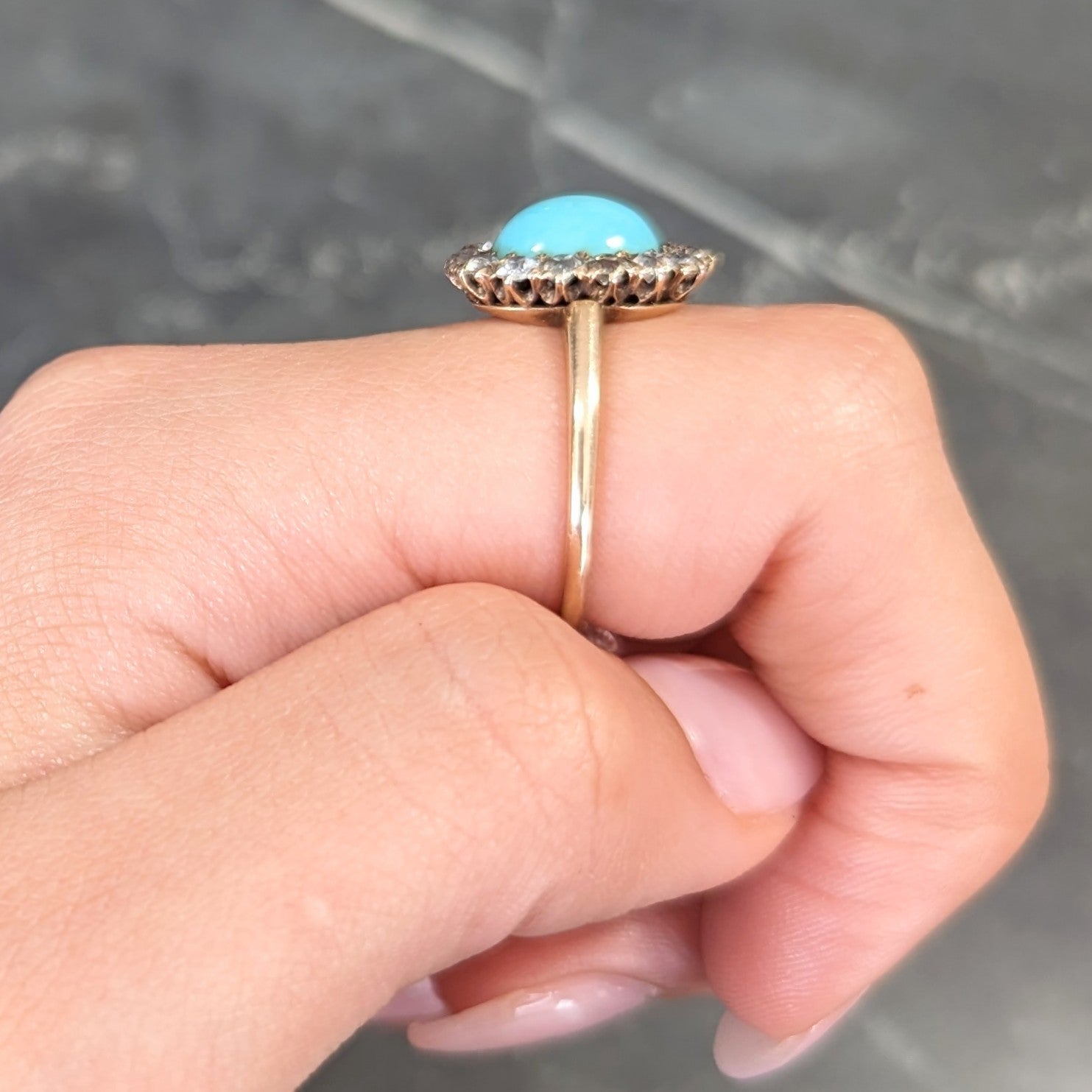 Victorian Turquoise Cabochon Old Mine Cut Diamond 14 Karat Yellow Gold Halo Ring Wilson's Estate Jewelry