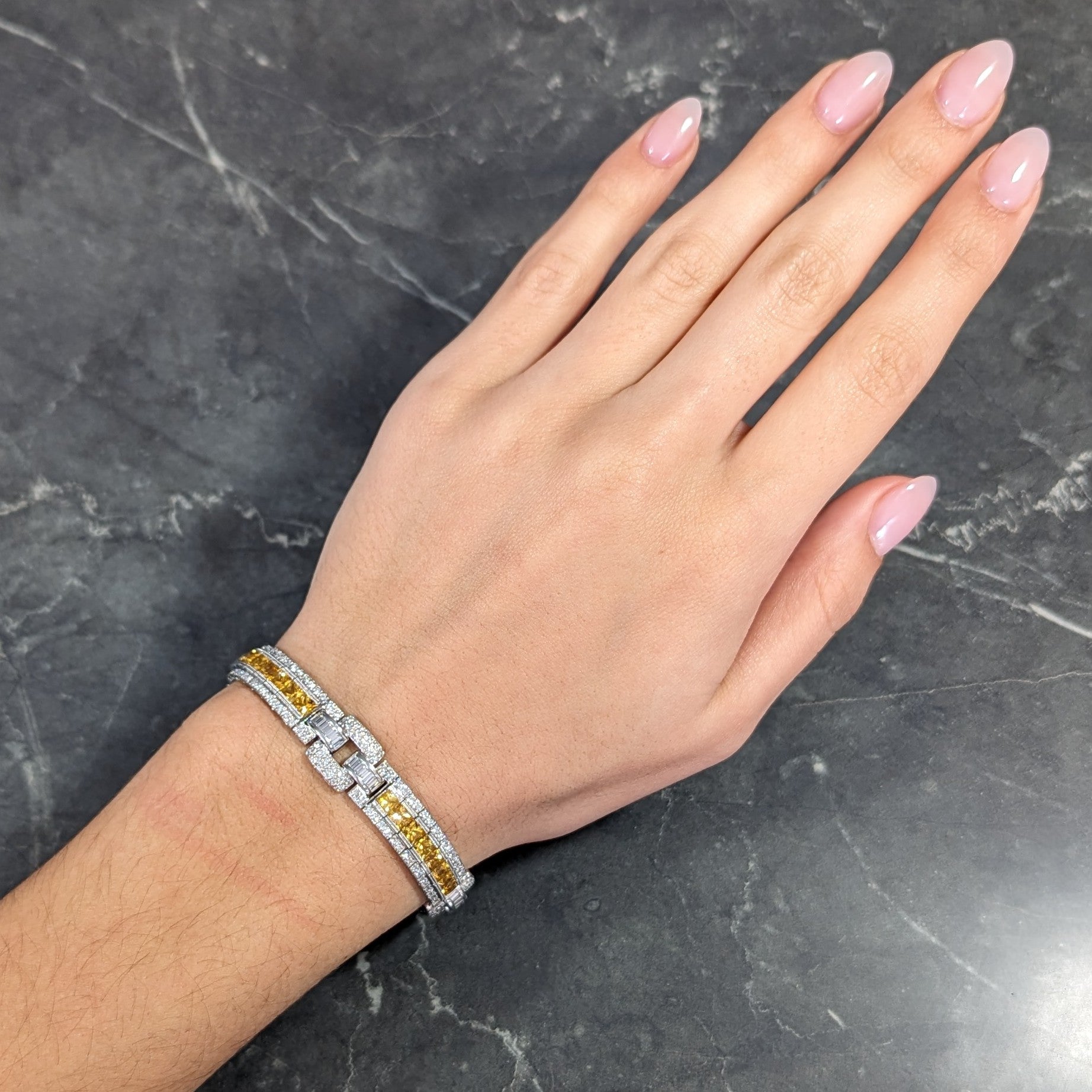 Contemporary 12.79 CTW Yellow Sapphire Diamond Platinum Buckle Line Bracelet Wilson's Estate Jewelry