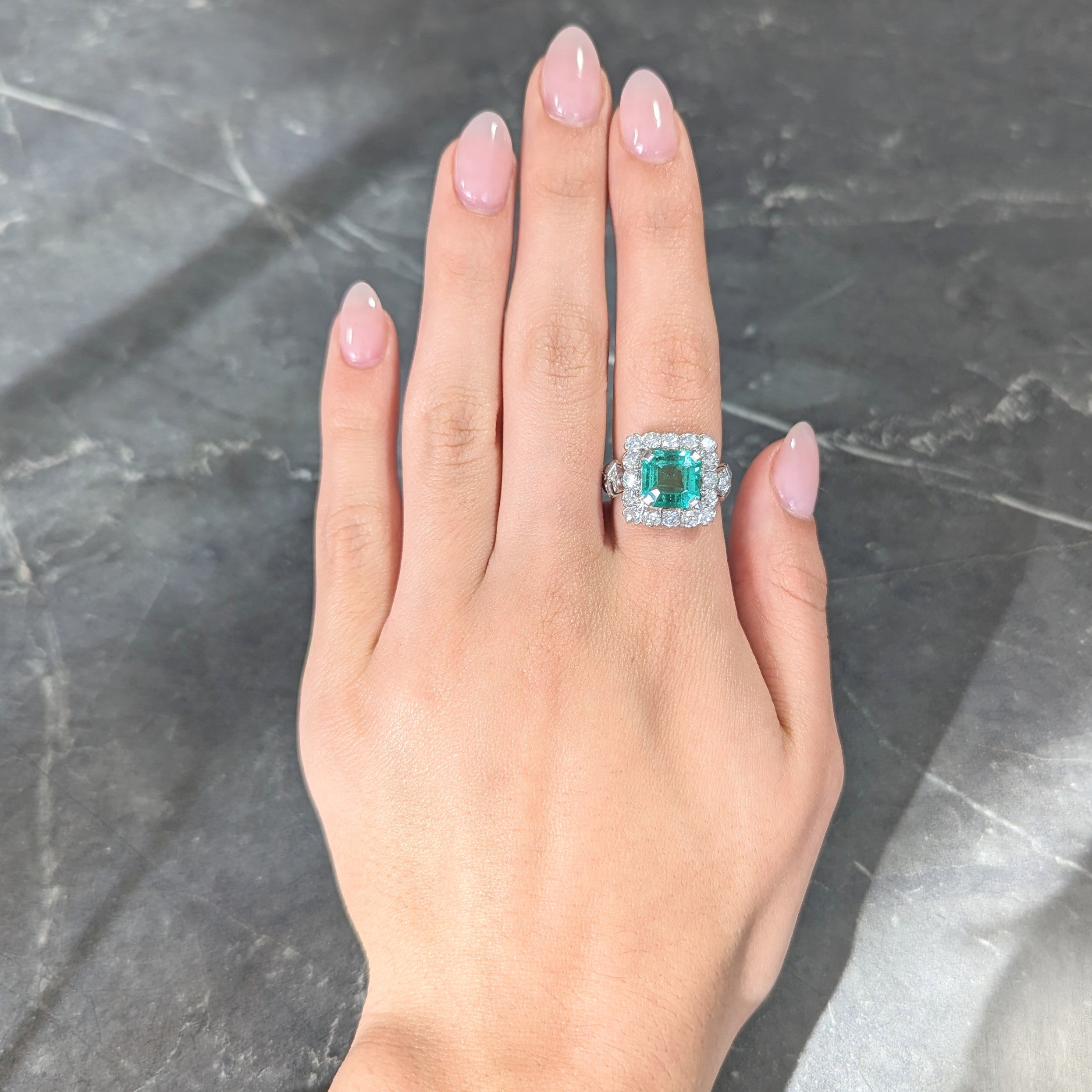 Mid-Century 5.73 CTW Colombian Emerald Transitional Cut Diamond Platinum Vintage Halo Ring GIA Wilson's Estate Jewelry