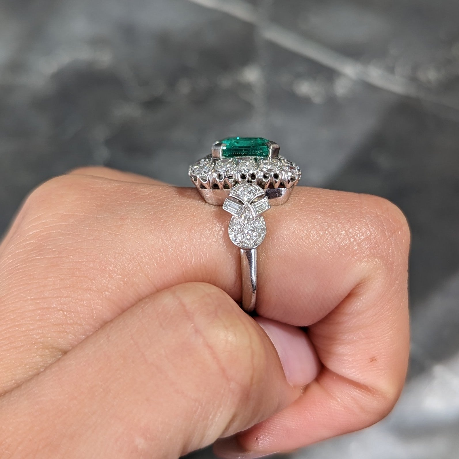 Mid-Century 5.73 CTW Colombian Emerald Transitional Cut Diamond Platinum Vintage Halo Ring GIA Wilson's Estate Jewelry
