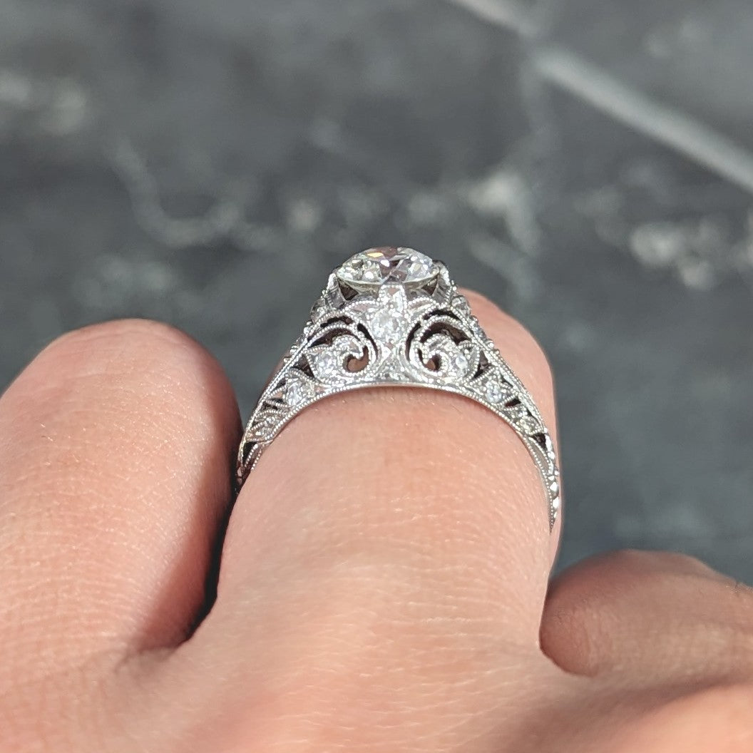 Edwardian 1.06 CTW Old European Cut Diamond Platinum Ivy Antique Engagement Ring Wilson's Estate Jewelry