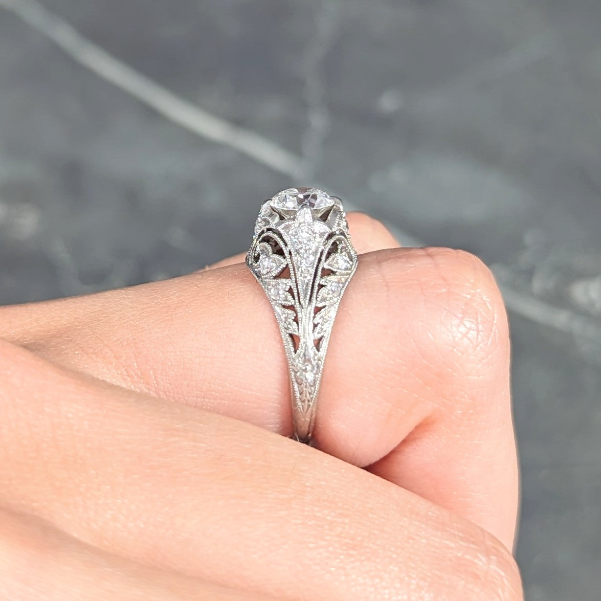 Edwardian 1.06 CTW Old European Cut Diamond Platinum Ivy Antique Engagement Ring Wilson's Estate Jewelry