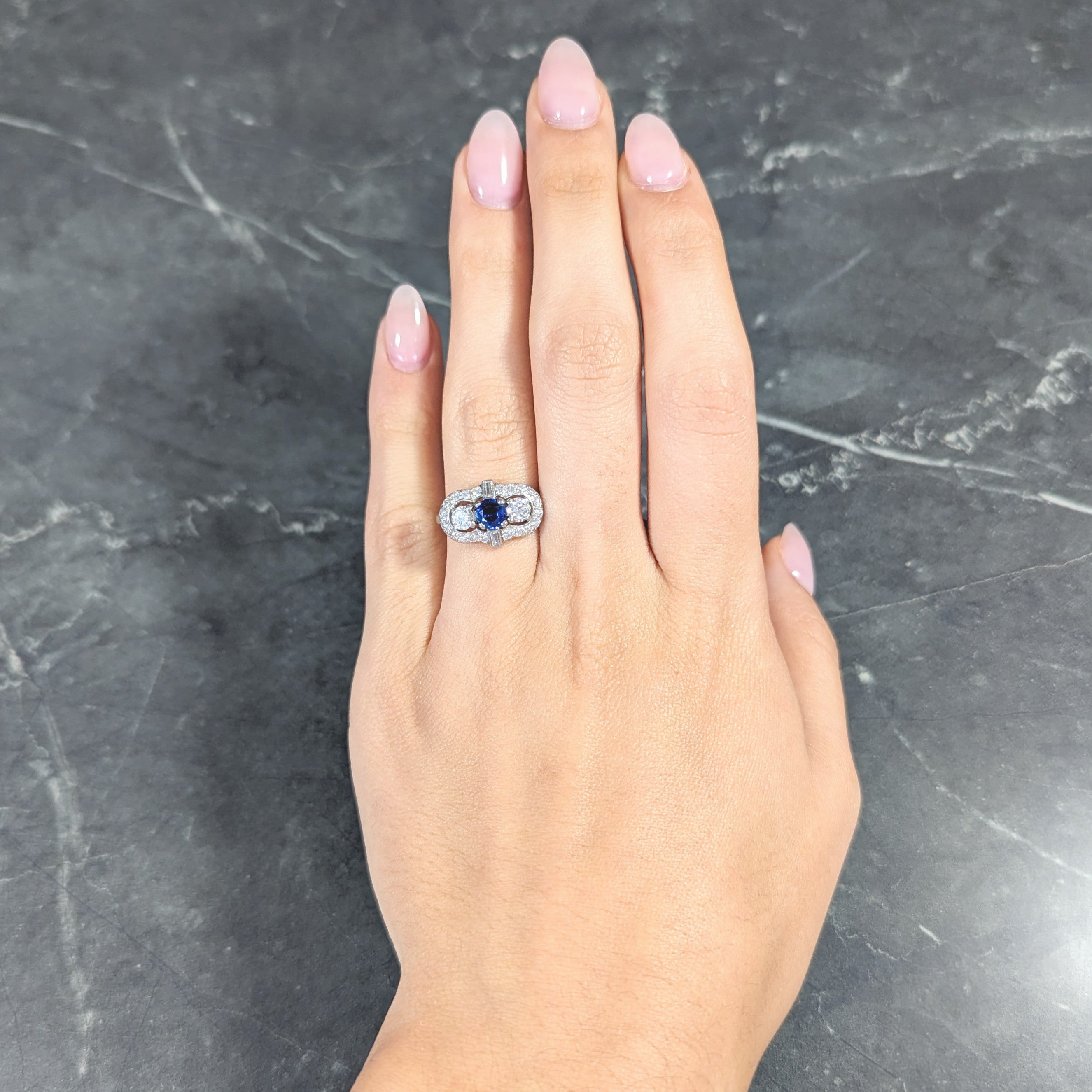Mid-Century 1.95 CTW Sapphire Diamond Platinum Cluster Vintage Dinner Ring Wilson's Estate Jewelry