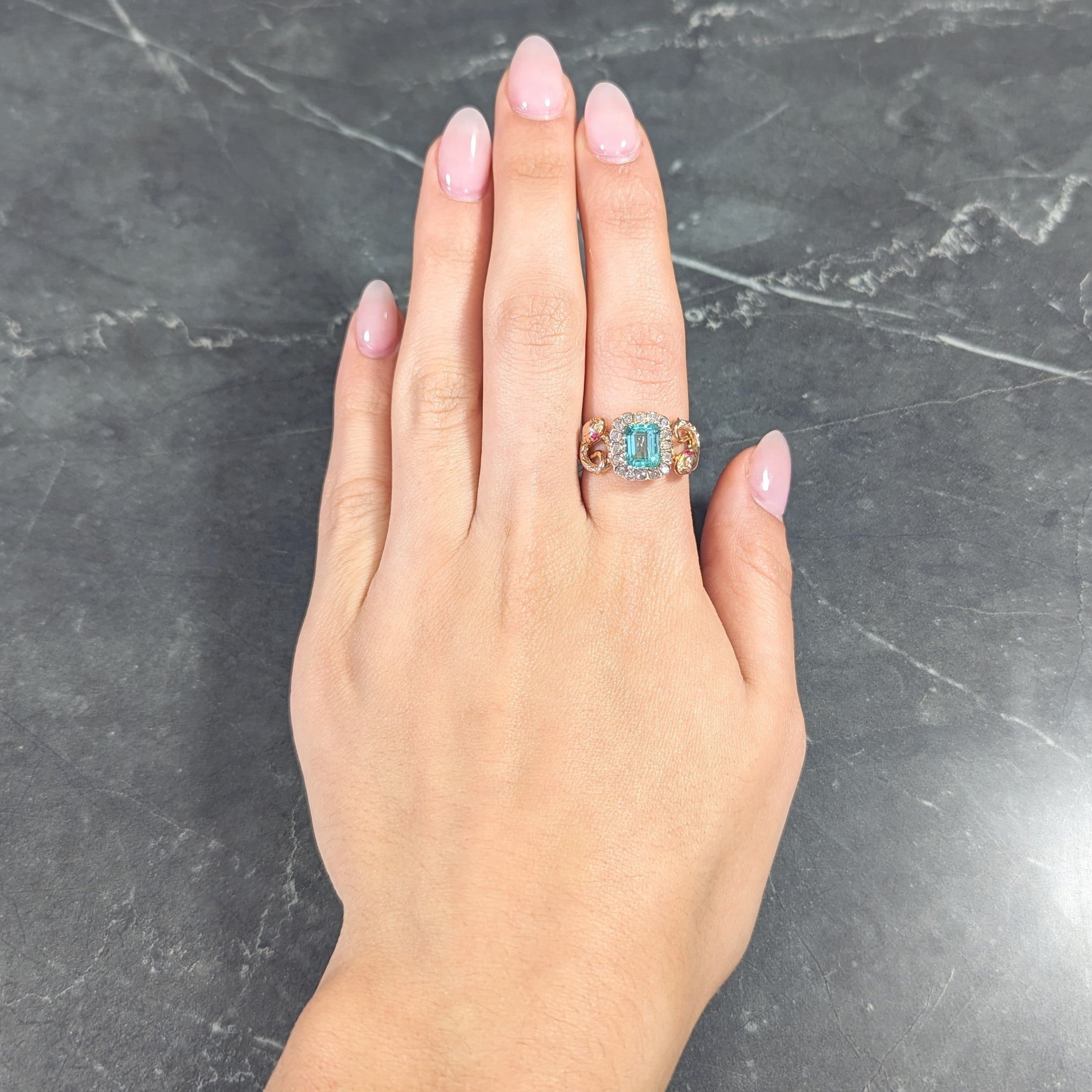 Victorian 2.46 CTW Emerald Old Mine Cut Diamond 18 Karat Rose Gold Snake Antique Halo Ring Wilson's Estate Jewelry