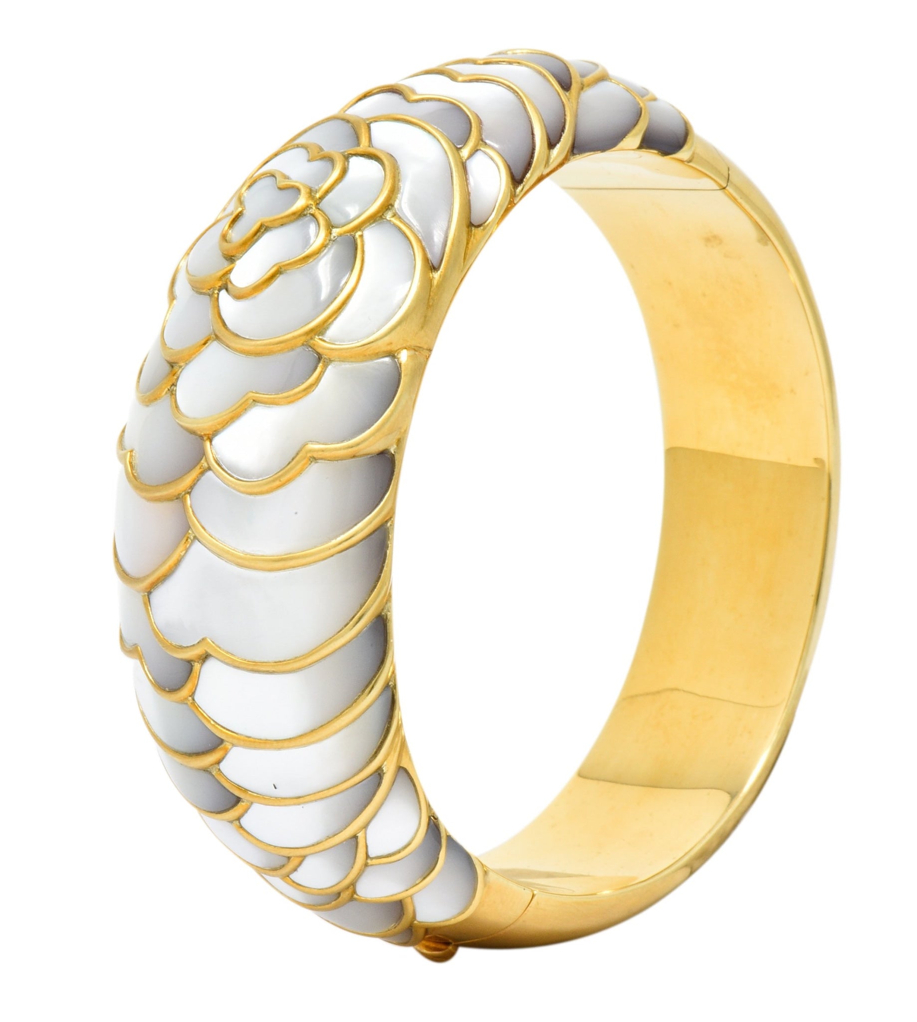 Angela Cummings Mother of Pearl 18 Karat Gold Floral Bangle Bracelet - Wilson's Estate Jewelry