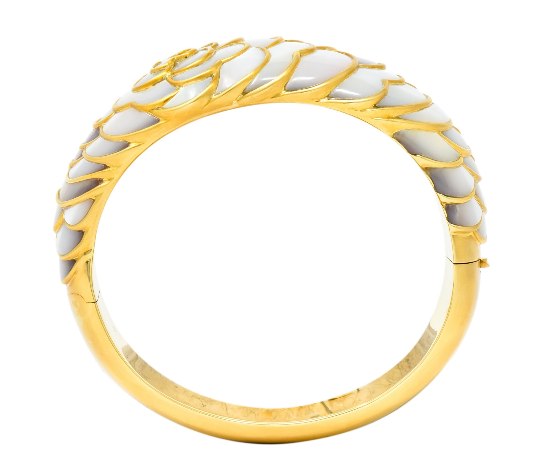 Angela Cummings Mother of Pearl 18 Karat Gold Floral Bangle Bracelet - Wilson's Estate Jewelry